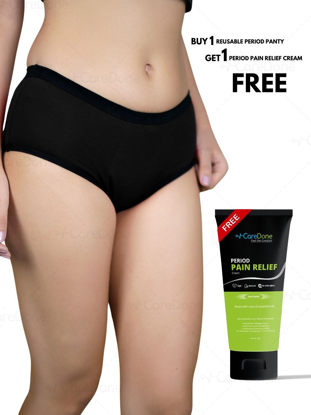CareDone Women Mid-Rise Leak Proof Period Briefs With Free Period Pain Relief Cream