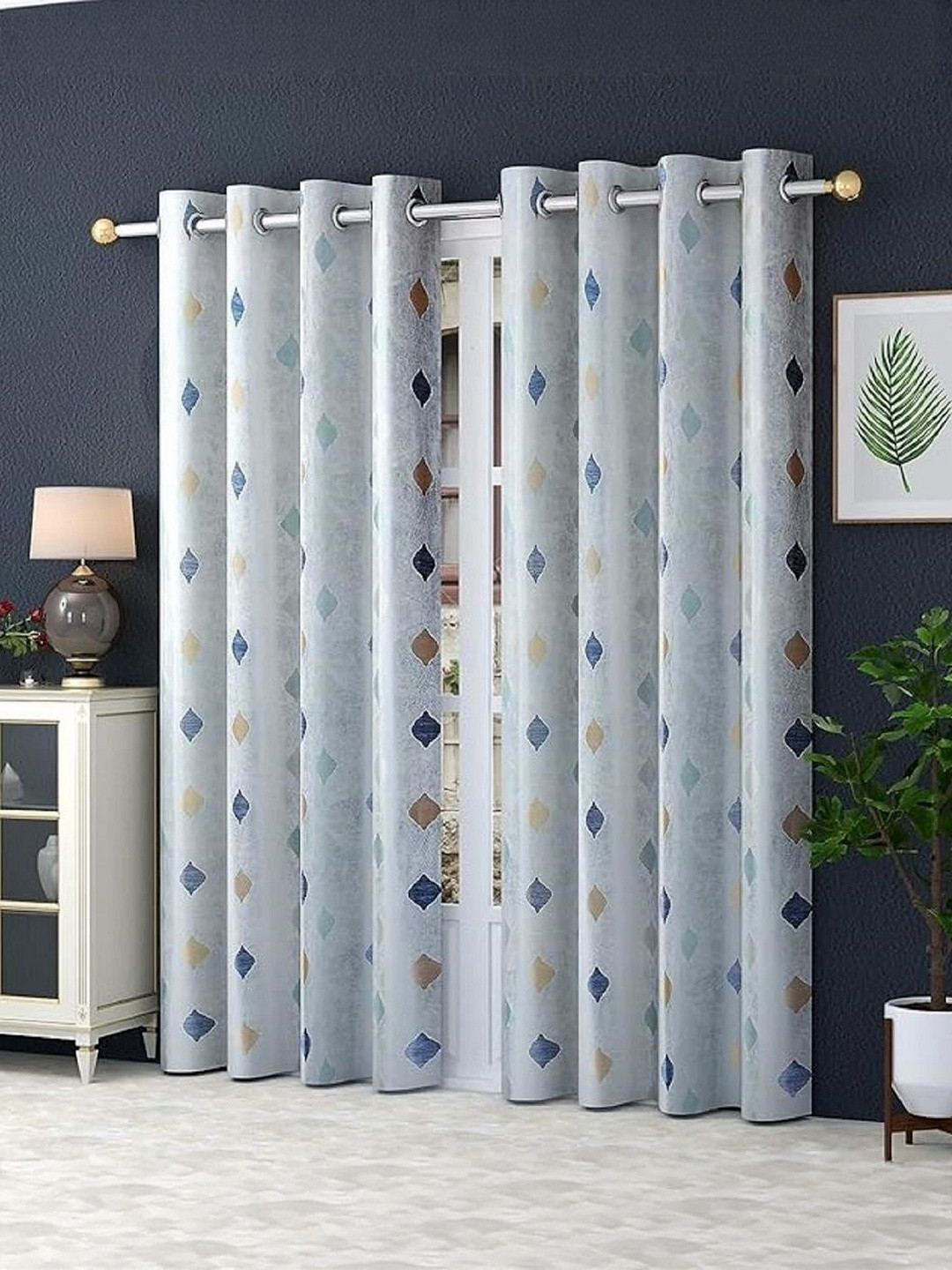 LUZDECOR Grey Geometric Printed Lightweight 2 Pieces Door Room Darkening Eyelet Curtains
