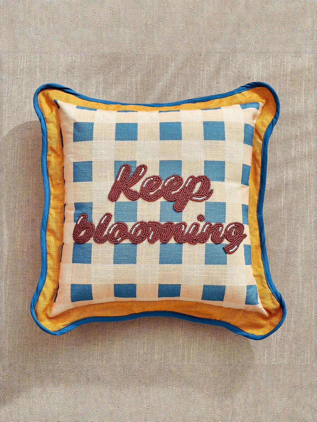 Home Centre Glance Blooming Blue & Yellow Embellished Breathable Pre-Filled Cushion