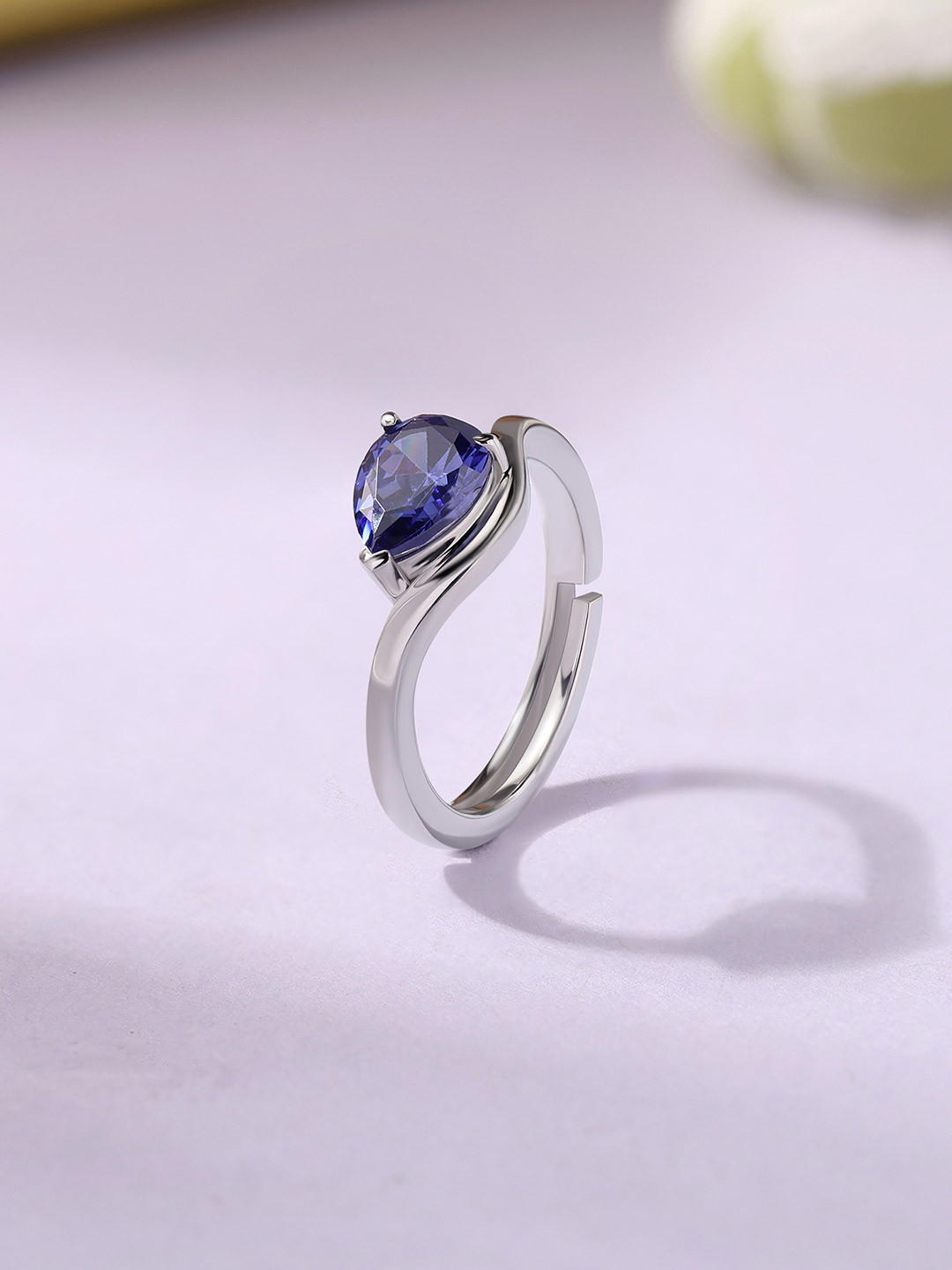 Ornate Jewels 925 Silver Rhodium-Plated Tanzanite Stone-Studded Adjustable Finger Ring