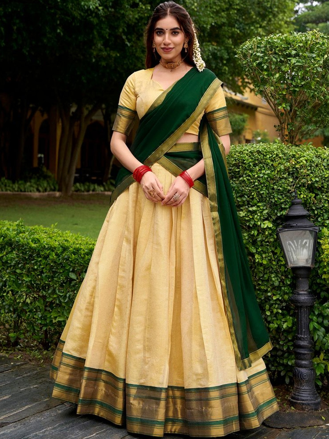 LOOKNBOOK ART Woven Design U-Neck Ready to Wear Lehenga & Blouse With Dupatta