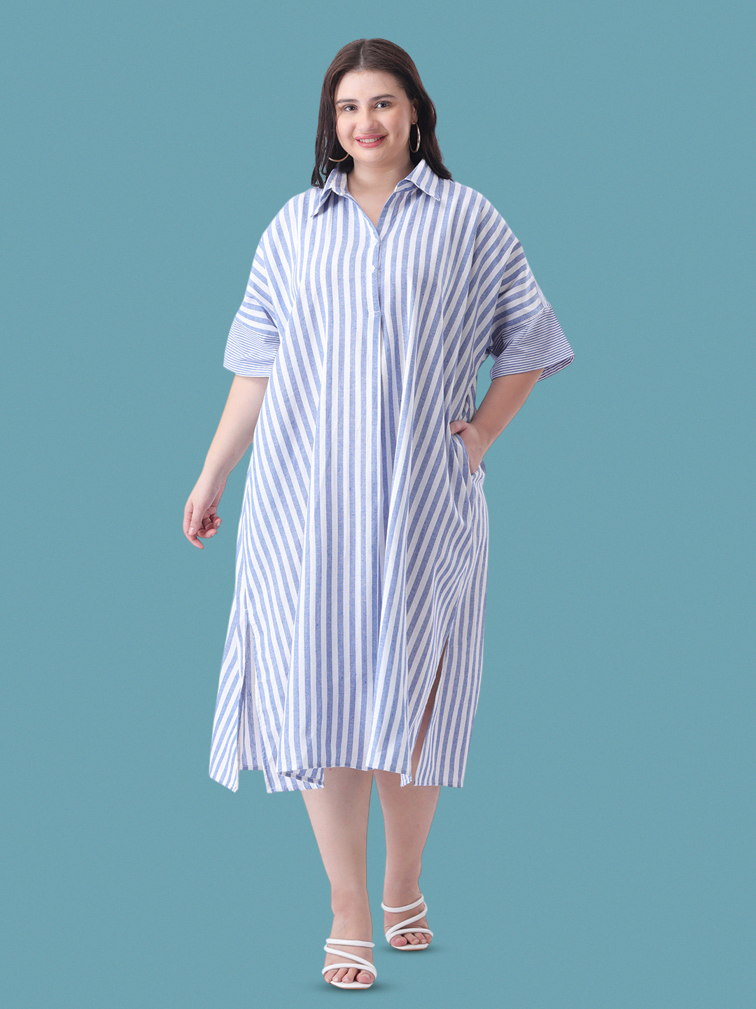 Qurvii Striped Kaftan Midi Loose Fit Dress