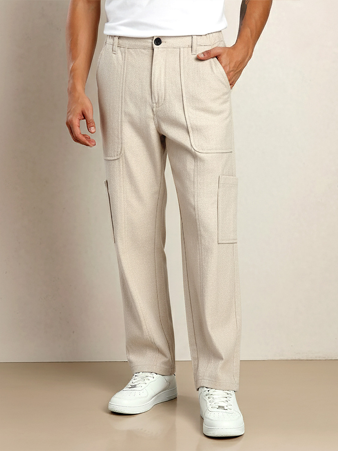 Beyoung Men Beige Side Elasticated Cargo Pants