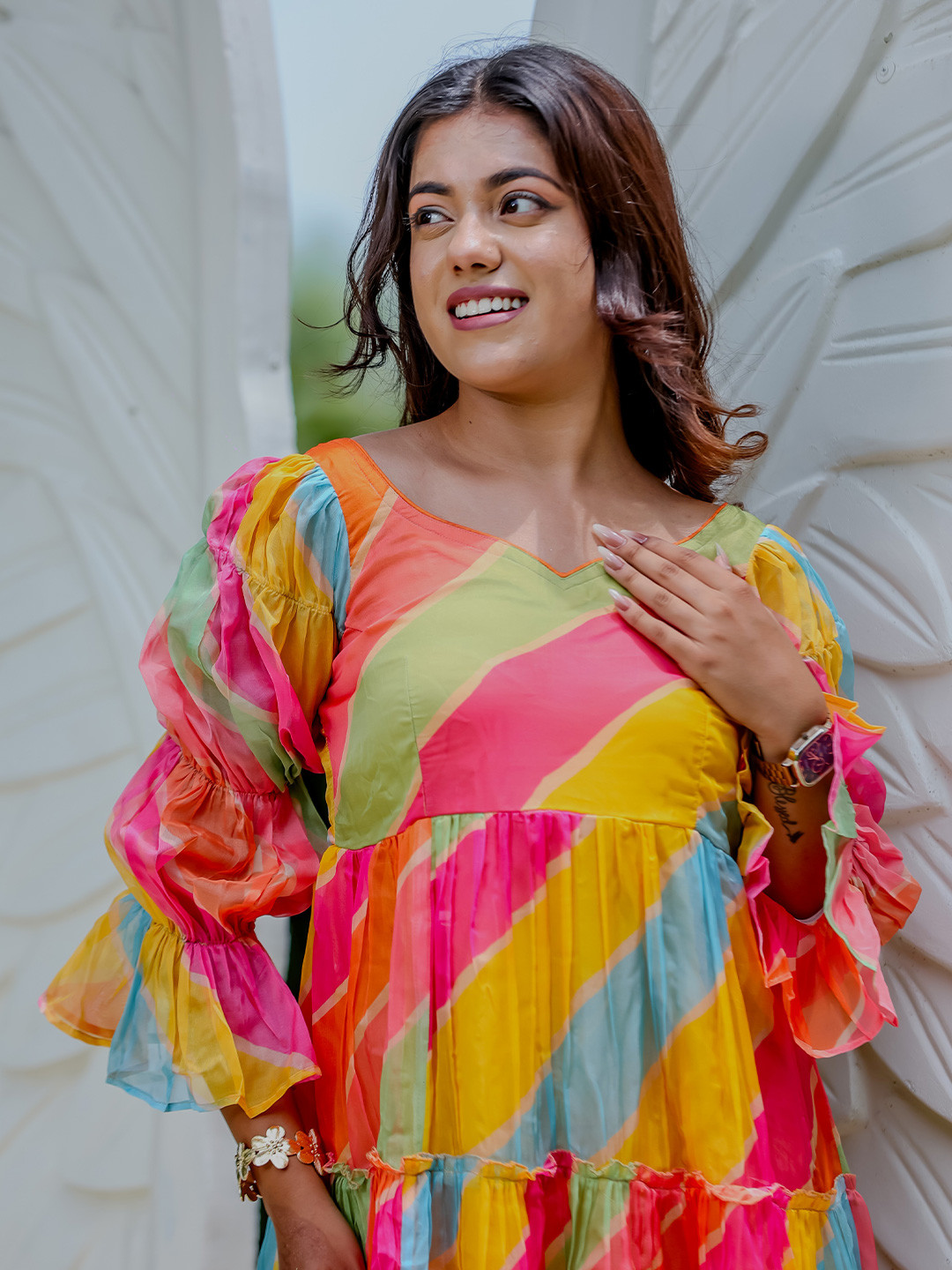 Deeps Fashion Striped Flared Sleeve Ruffled Georgette Fit & Flare Dress