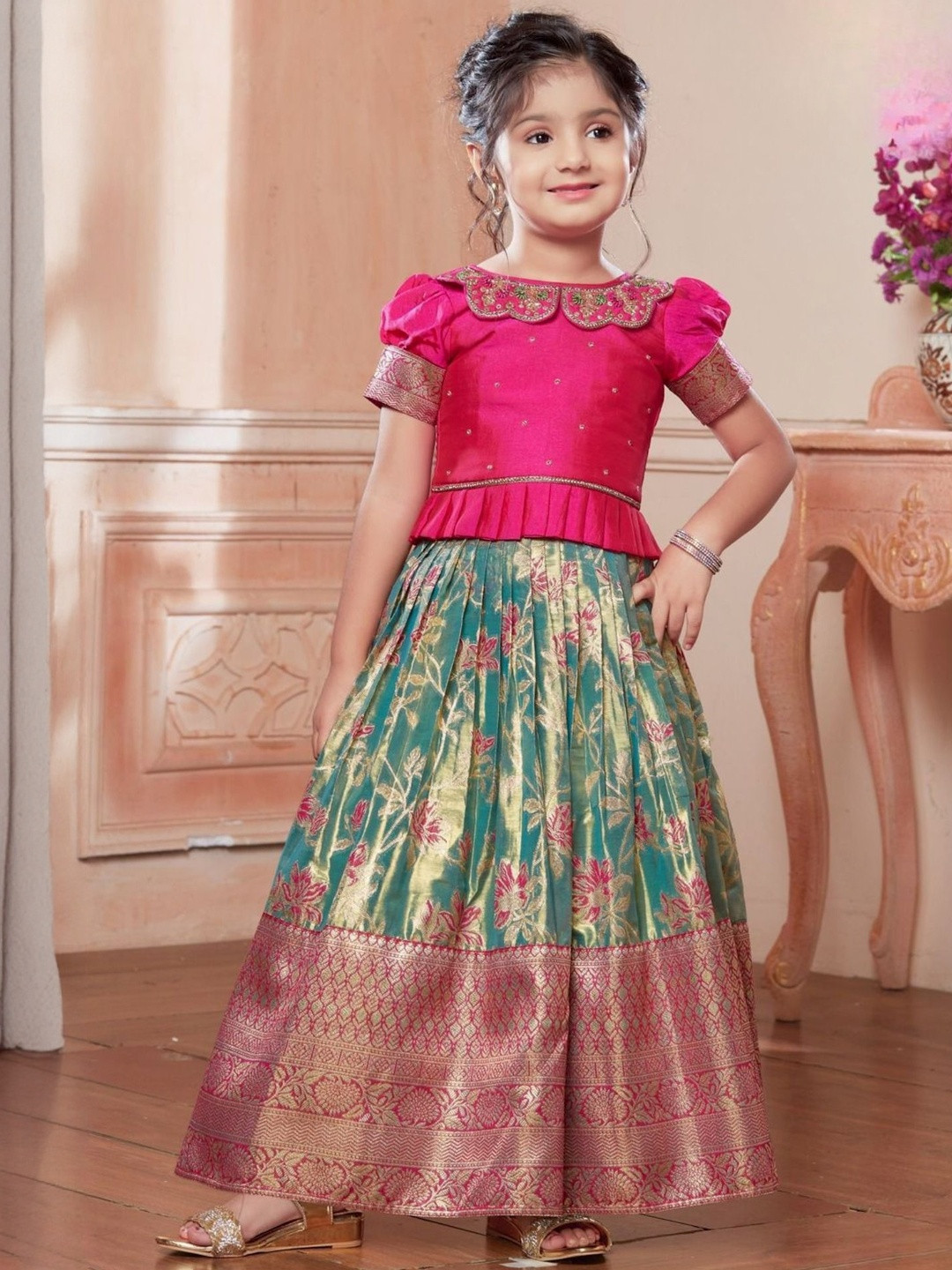 Lagorii Girls Floral Woven Design Zari Banarasi Tissue Silk Ready to Wear Lehenga & Choli