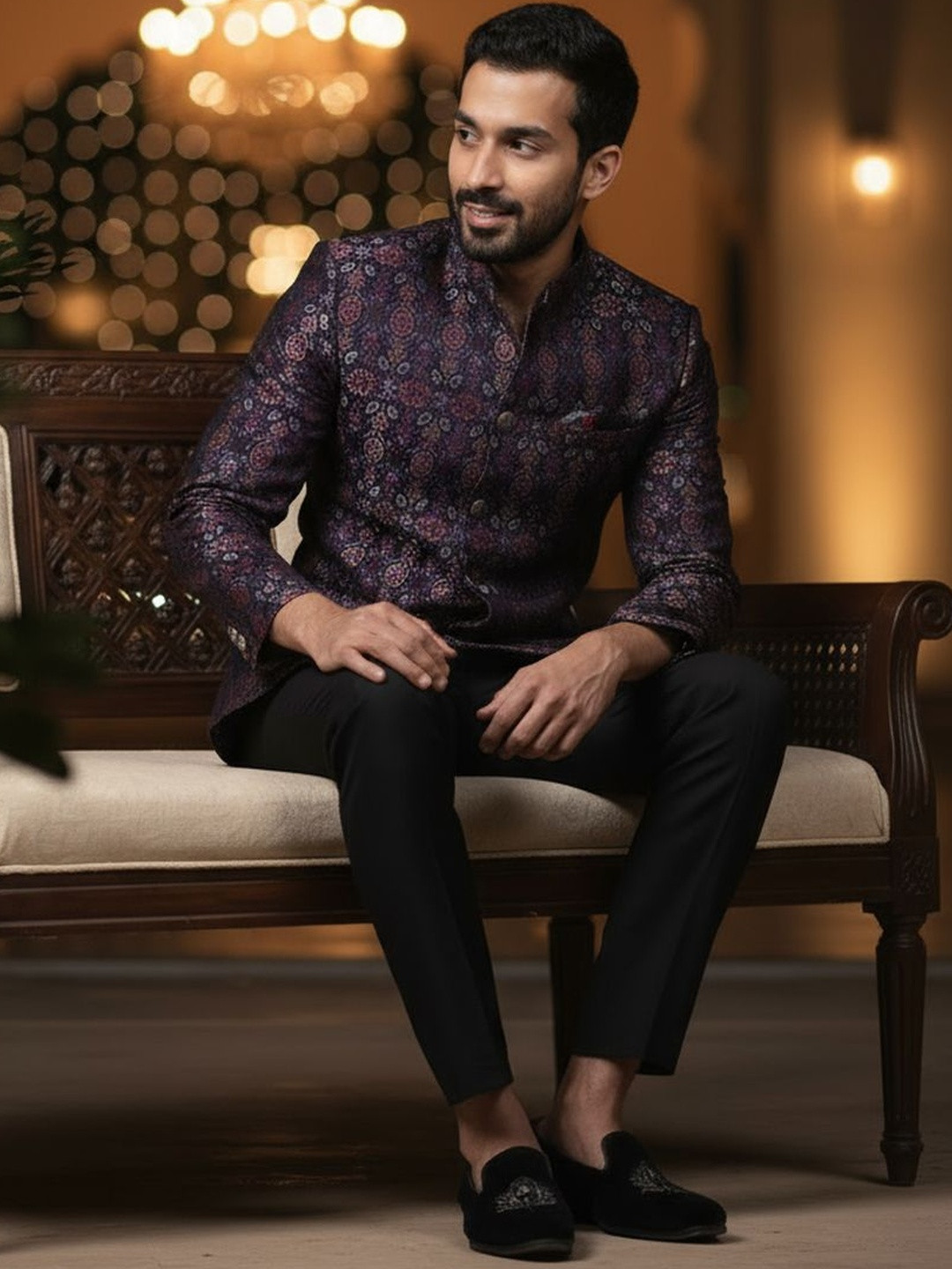 KISAH Men Textured Printed Jodhpuri Bandhgala Slim-Fit Sherwani Set