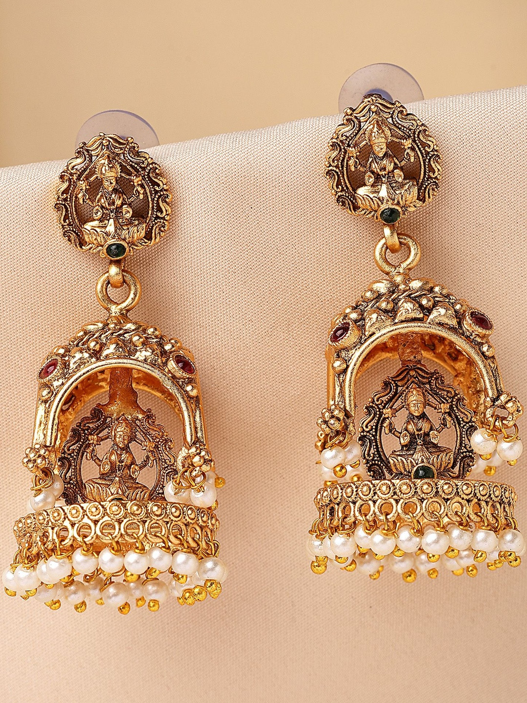KARATCART Gold-Plated Artificial Stones Studded Lakshmi Mata Dome Shaped Jhumkas