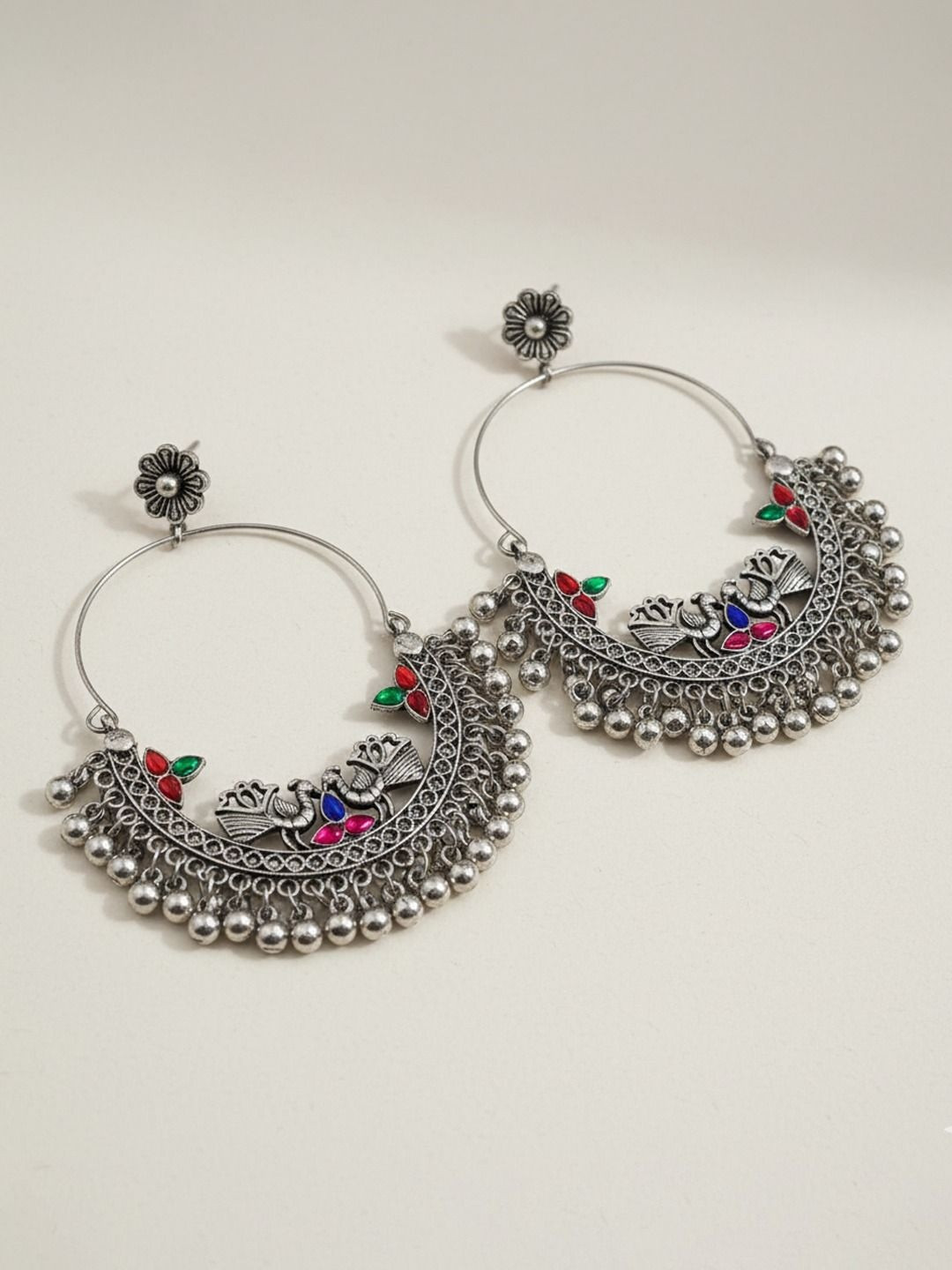 Krelin Silver Plated Artificial Stones Studded Antique Circular Hoop Earrings