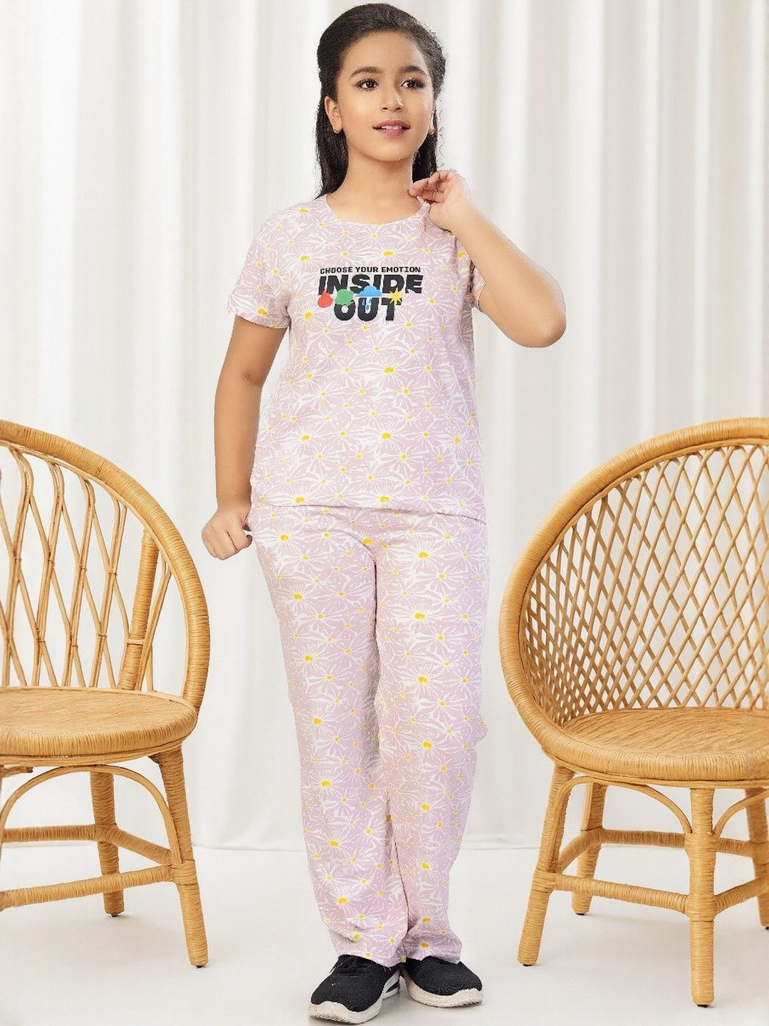 Ninos Dreams Girls Printed Peach Round Neck Pure Cotton Night suit