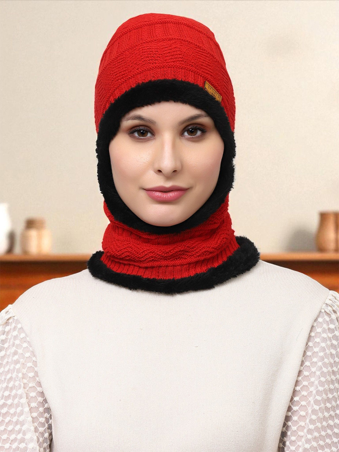WEAVERS VILLA Women Colourblocked Beanie Caps with Neck Warmer