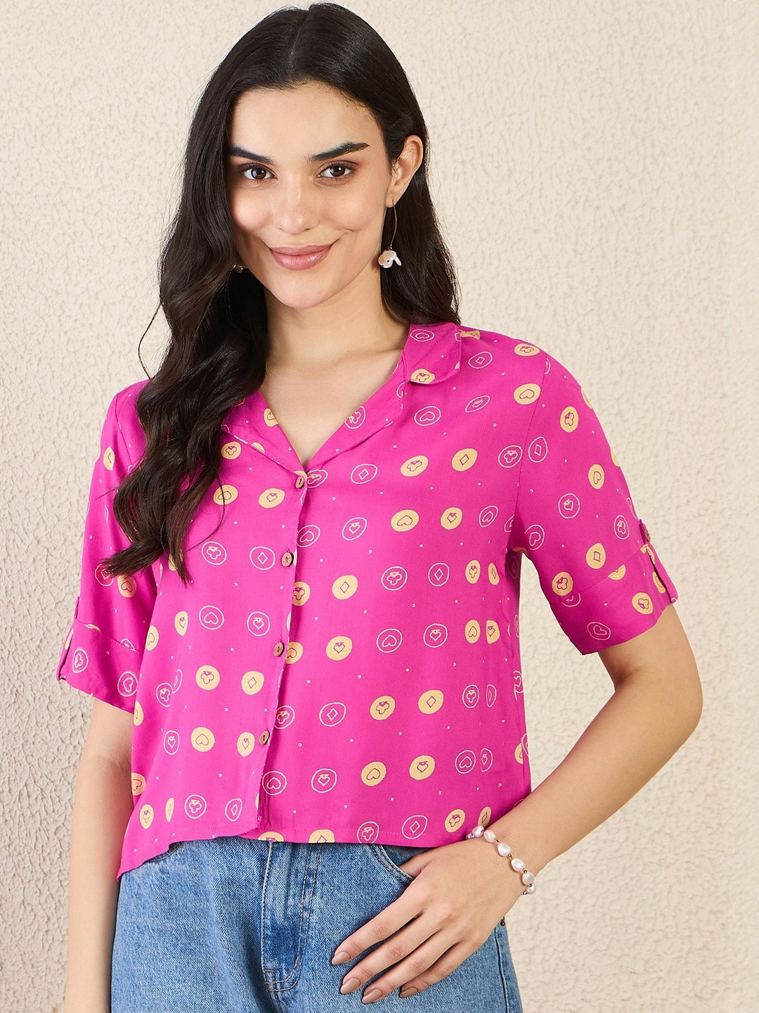 Anouk Rustic Print Roll-Up Sleeves Top