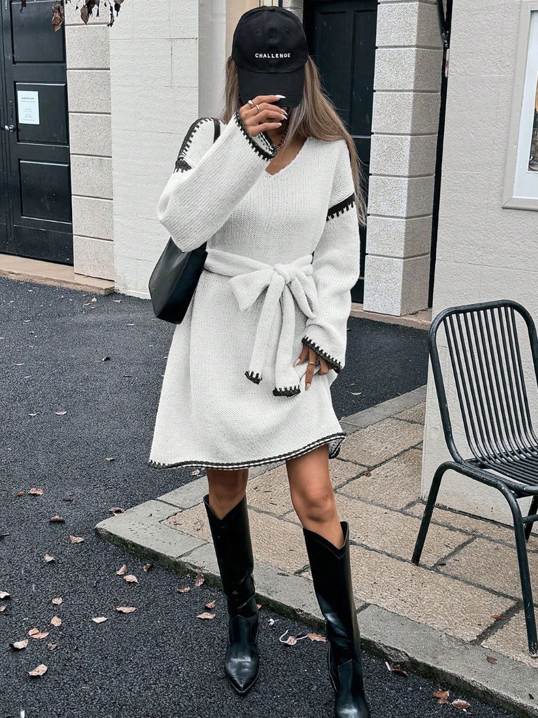 StyleCast Women Colourblocked Monochrome V-neck Long Sleeves Belted Jumper Dress