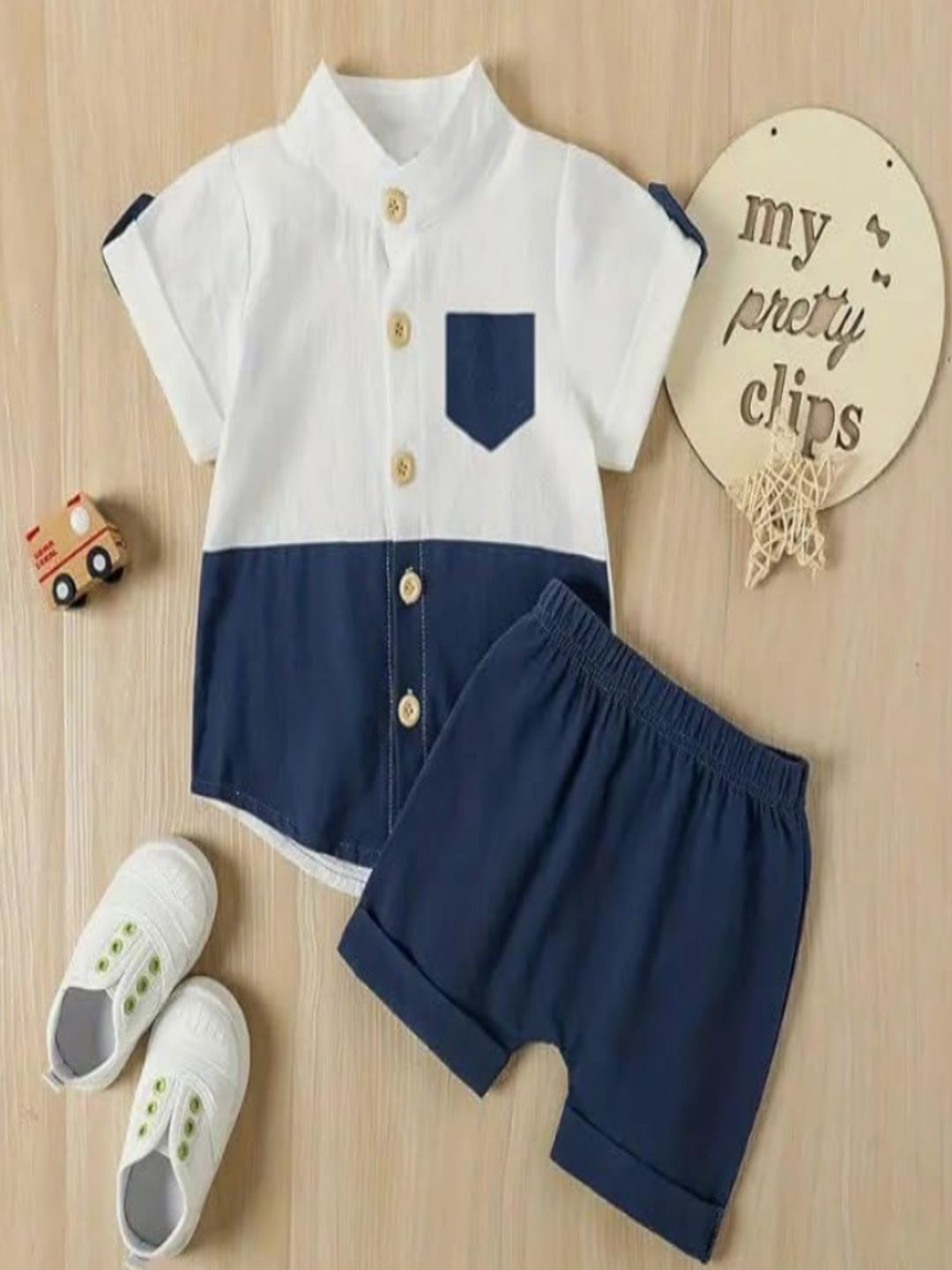 Greenland Ecostrwz Kids Colourblocked Mandarin Collar Shirt With Shorts