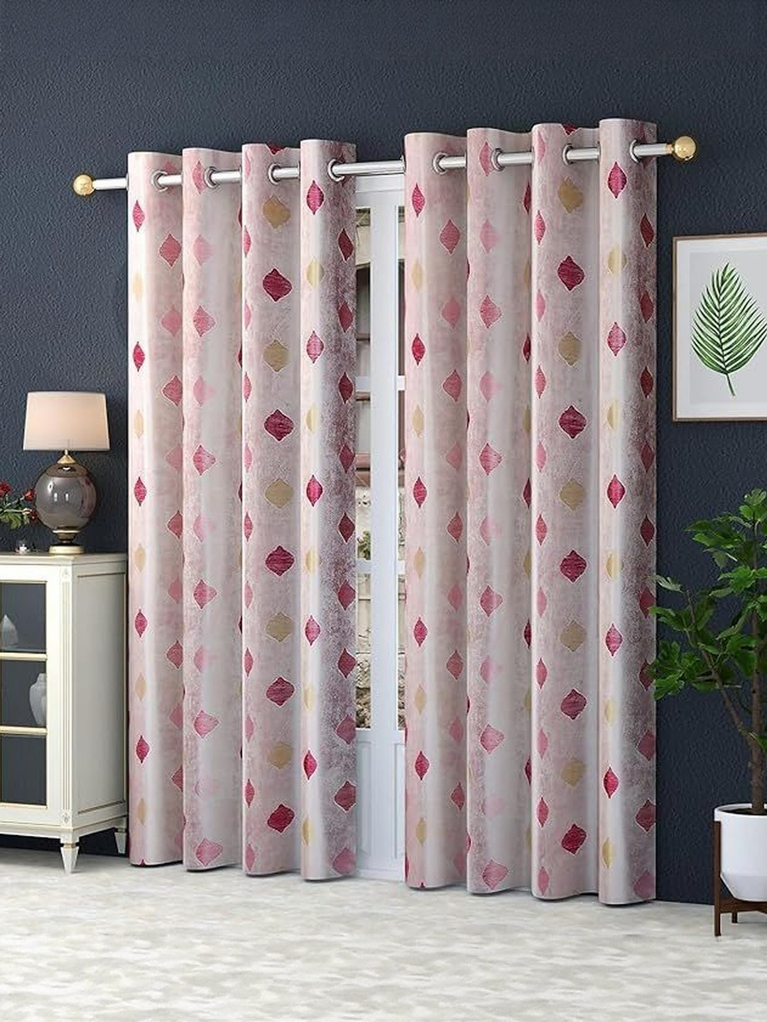 LUZDECOR Pink And Beige Abstract Printed 2 Pieces Window Room Darkening Eyelet Curtains