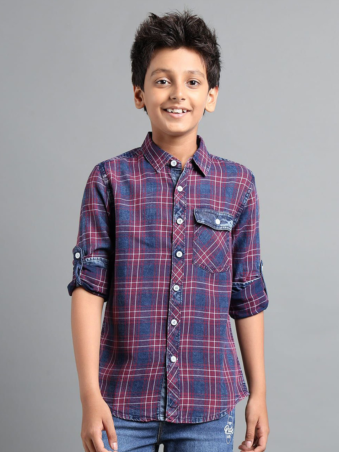 UNDER FOURTEEN ONLY Boys Comfort Fit Buffalo Checked Spread Collar Cotton Casual Shirt