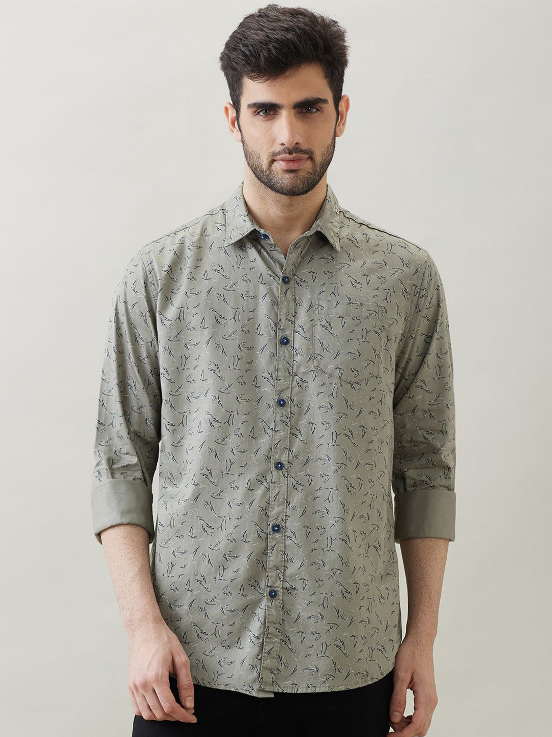 SNX Men Conversational Printed Spread Collar Pure Cotton Casual Shirt