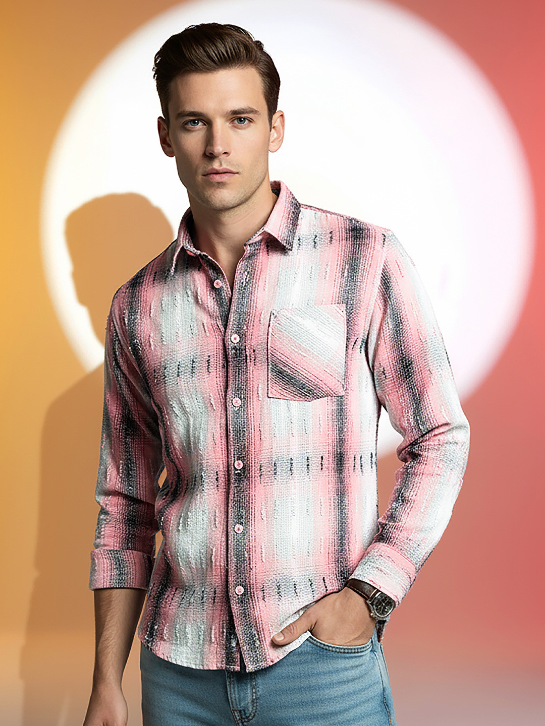 Beyoung Men Pink Frayed Check Shirt