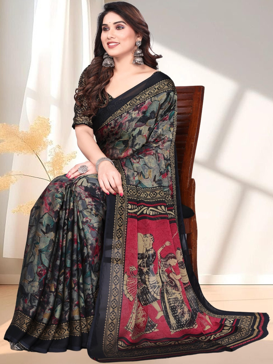 BilloRani Ethnic Motifs Pure Chiffon Saree