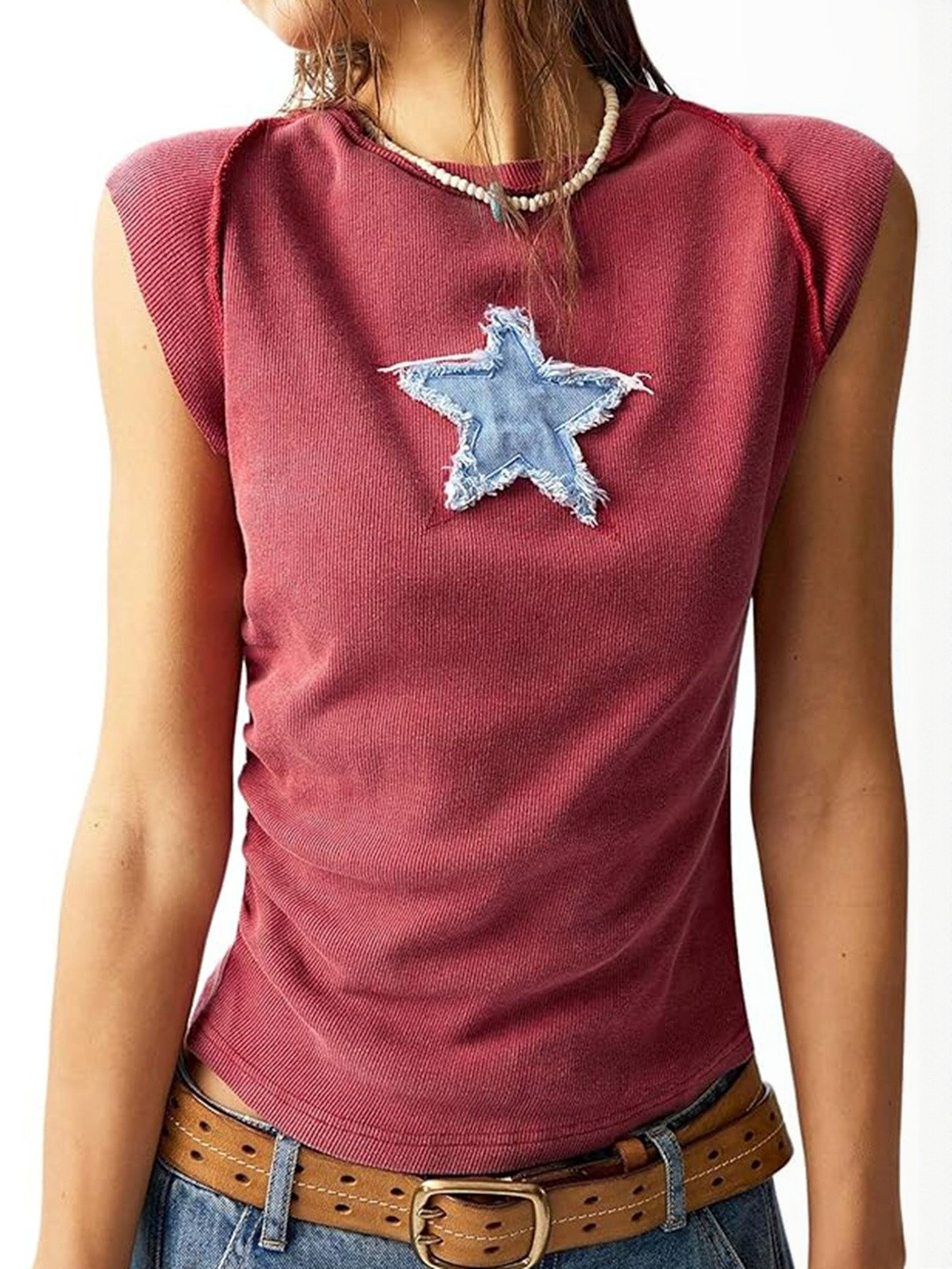 LULU & SKY Women Red Ribbed Star Patch Tank Top