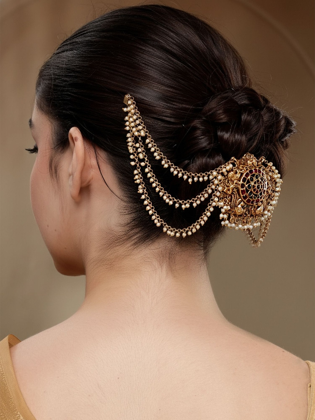 KARATCART Gold-Plated Artificial Stones Studded & Pearls Beaded Temple Hair Bun Pin
