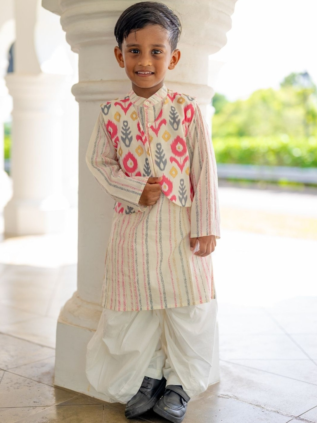 NIMBU Boys Printed Pure Cotton Kurta Set with Dhoti Pants & Jacket
