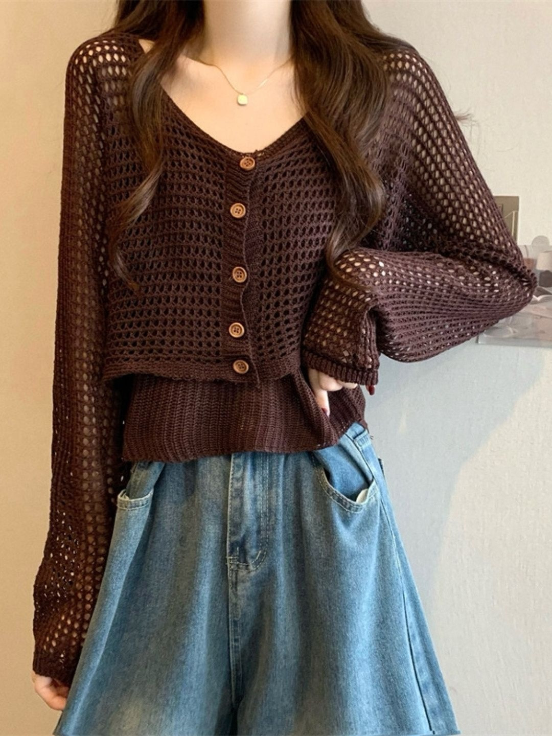 StyleCast Brown V-Neck Long Sleeves Sheer Top