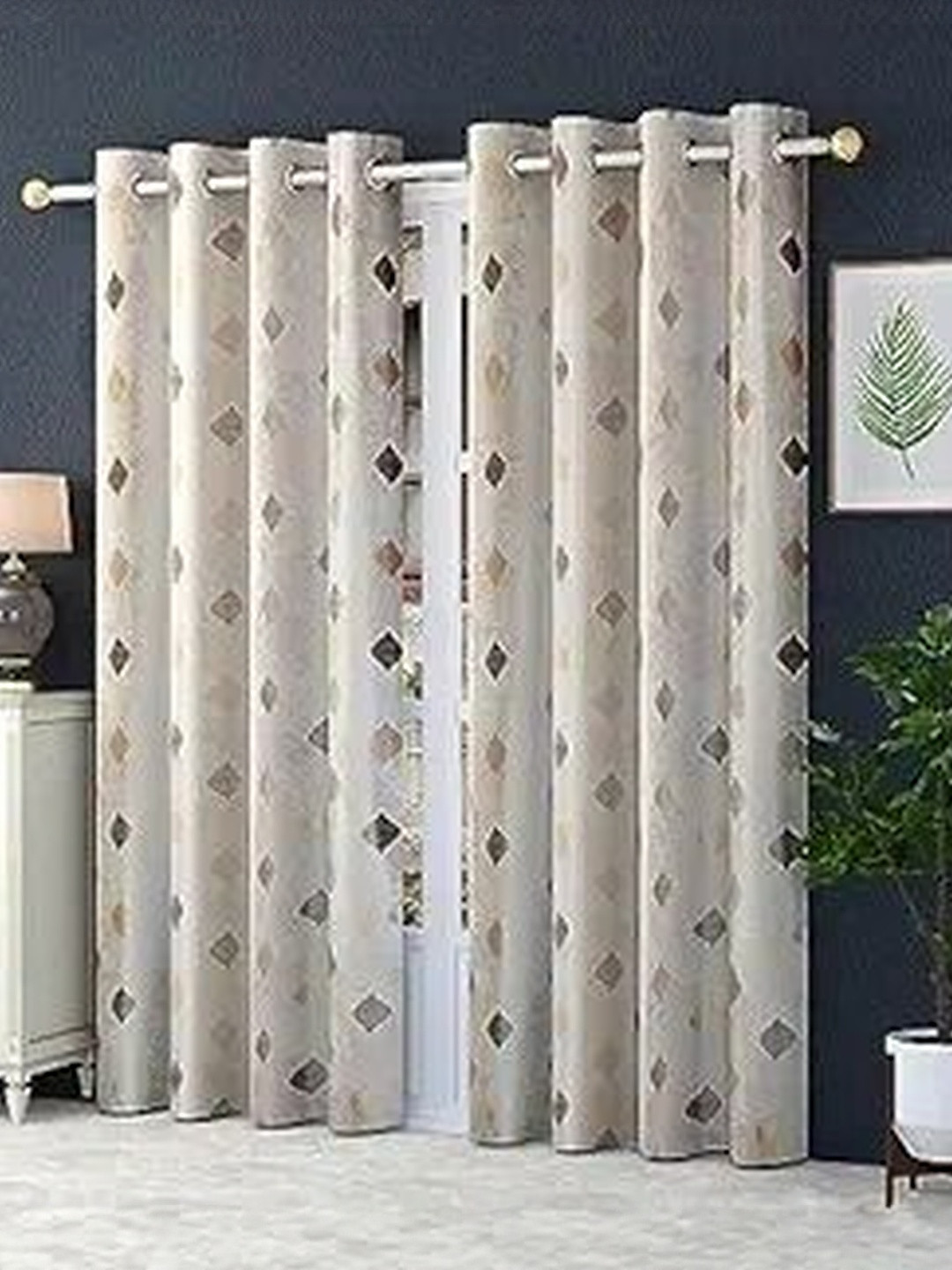 LUZDECOR Beige & Maroon Abstract Printed 2 Pieces Door Room Darkening Eyelet Curtains