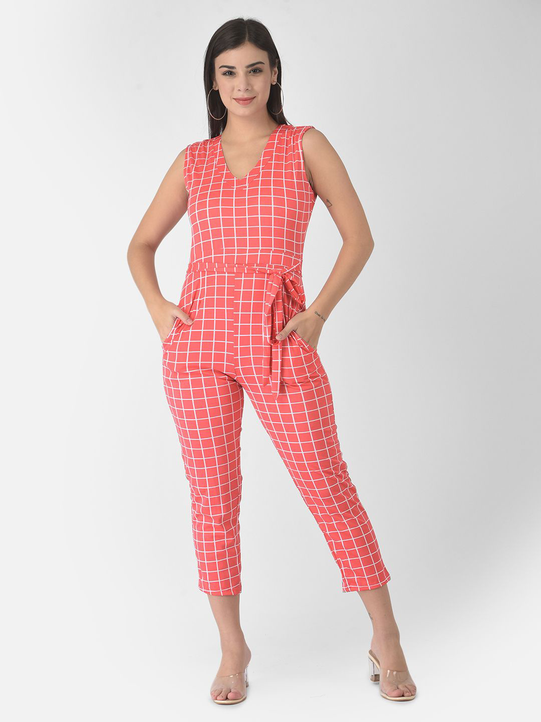 FNOCKS Women V-Neck Check Printed Tie-Knotted Jumpsuit
