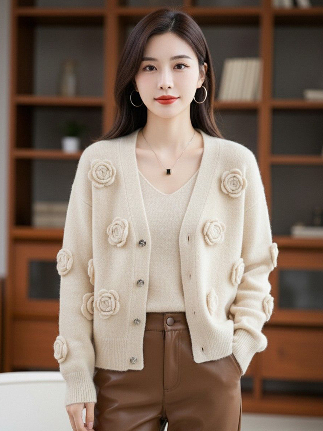 HERE&NOW Women Floral Applique V-Neck Ribbed Cardigan Sweater