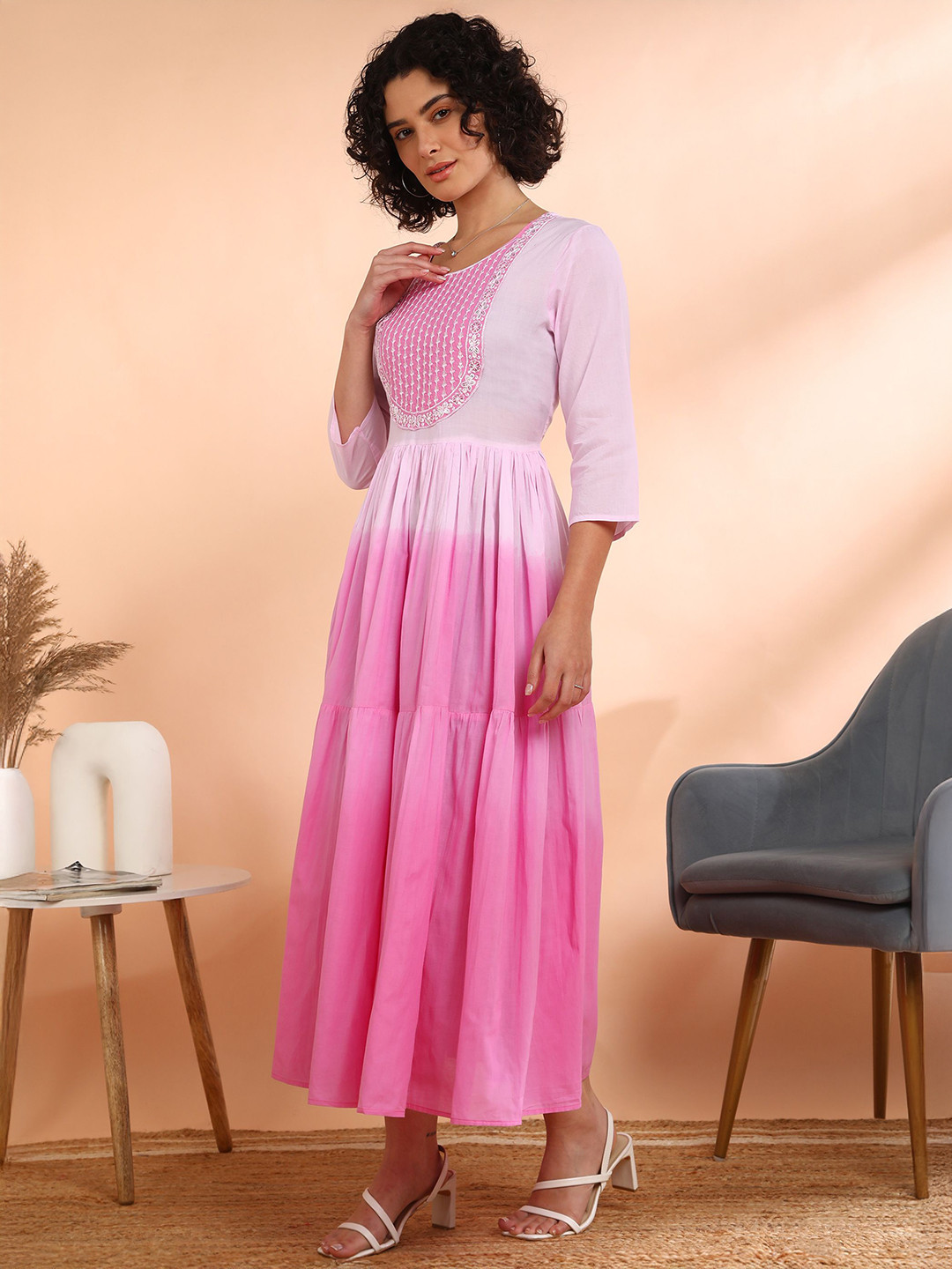 CORSICA Women Cotton Embroidered Dyed Ombre Fit and Flare Midi Dress