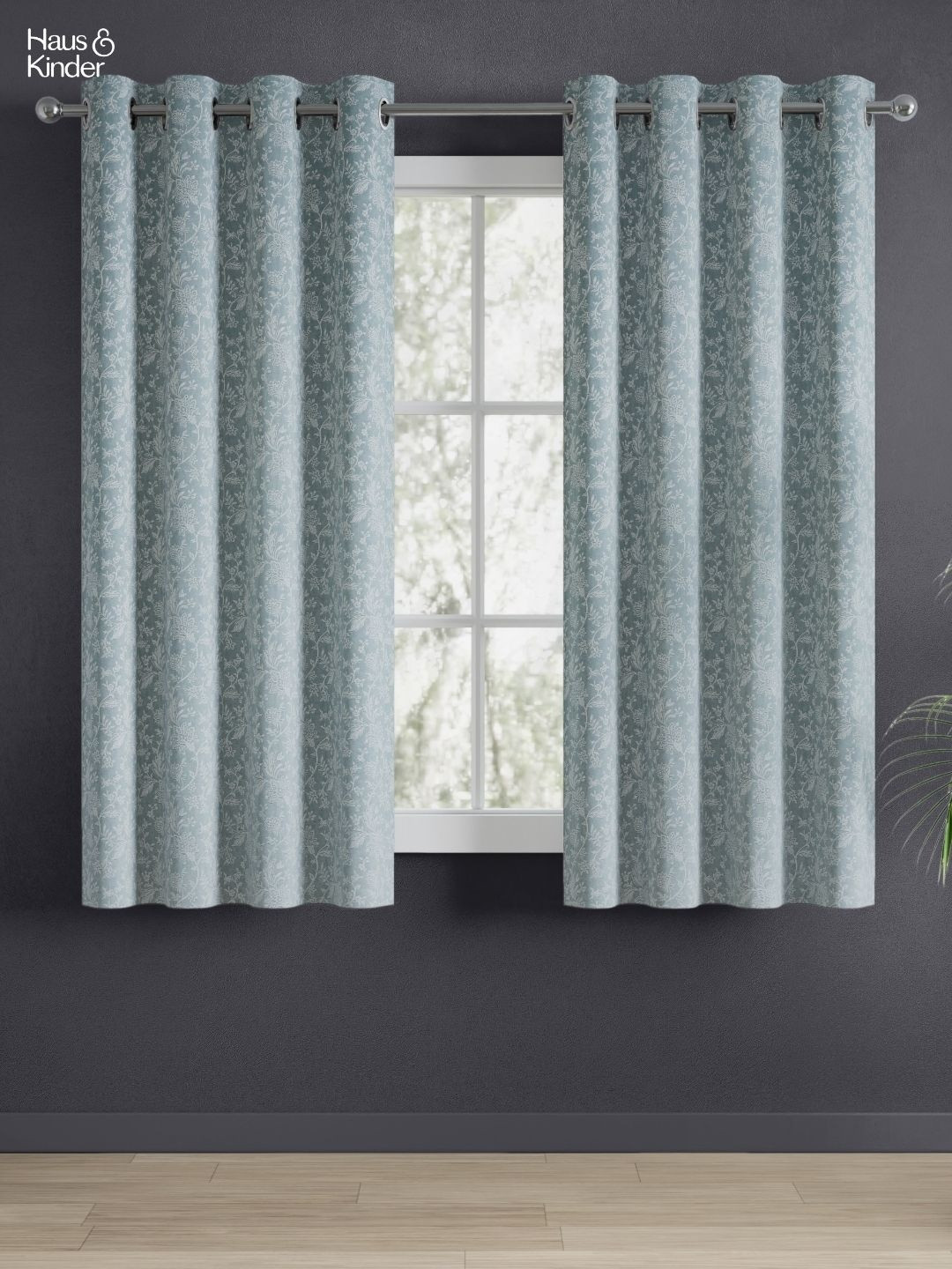 haus & kinder Glittering Fern Blue & White 2 Pieces Floral Room Darkening Window Curtains