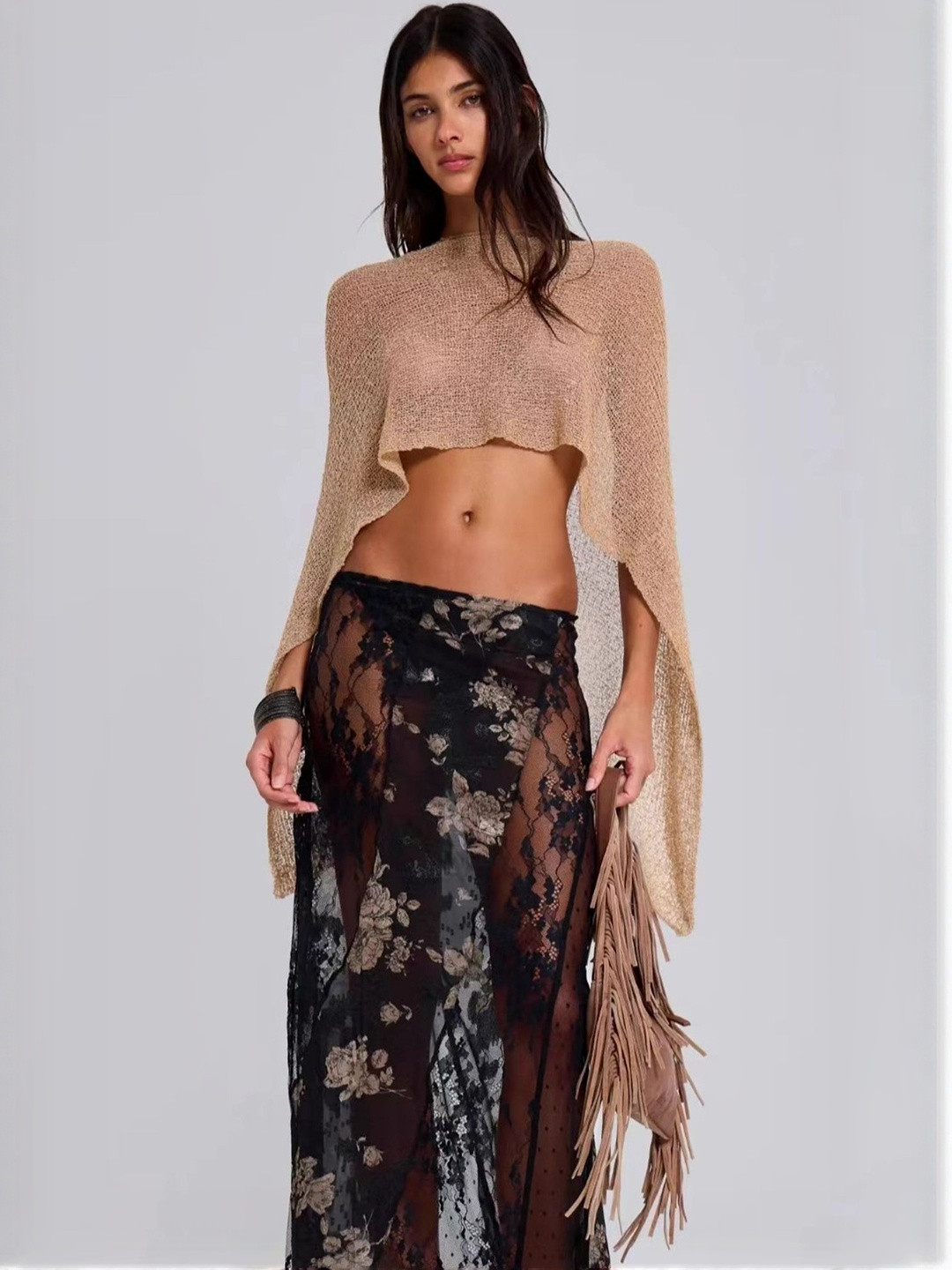 LULU & SKY Women Batwing Sleeve Sheen Cape Crop Top