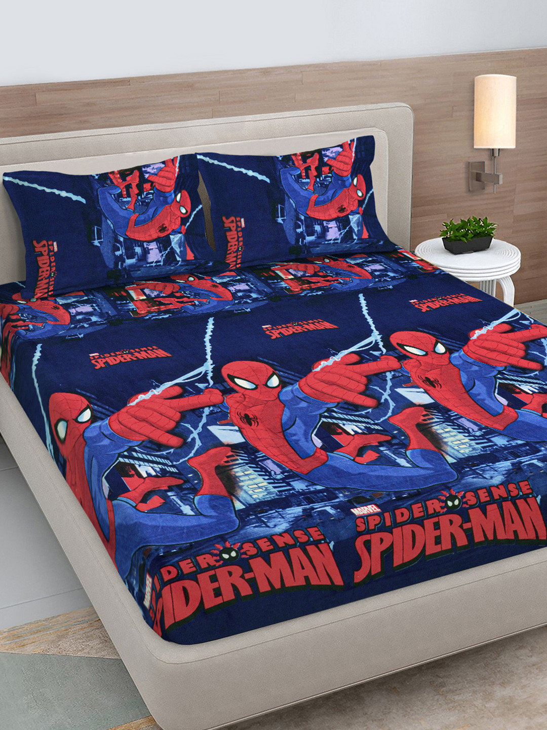 FABINALIV Blue & Red Cartoon Print 300 TC Fitted King Bedsheet & 2 Pillow Covers