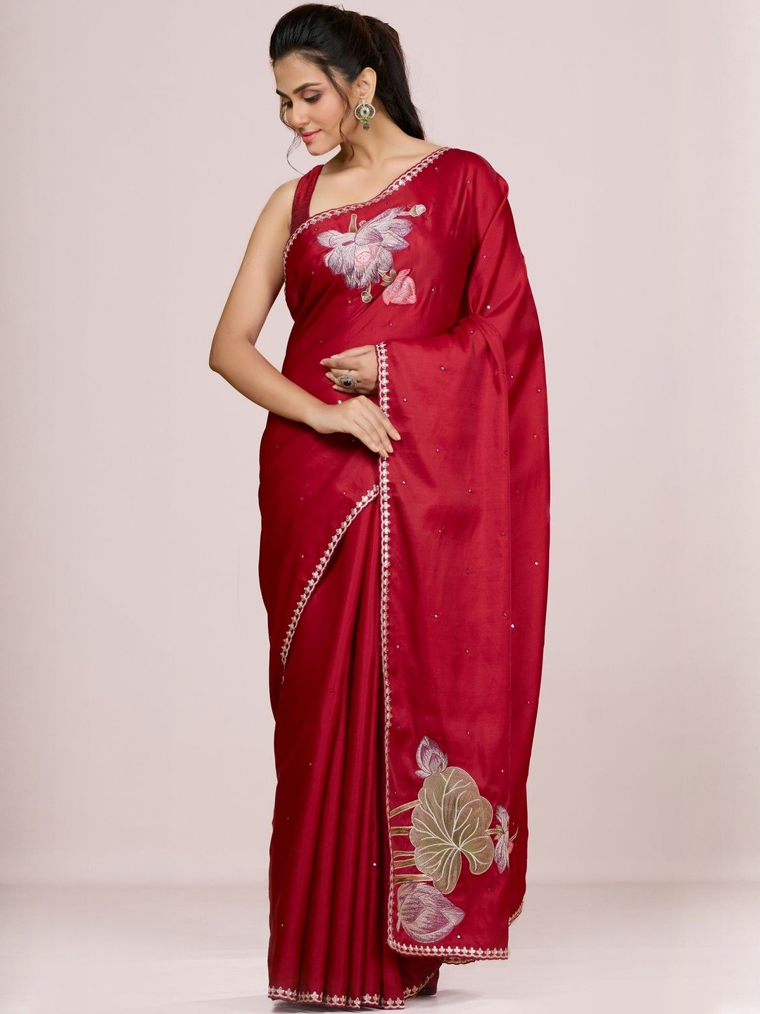 Aparnaa Red Lotus Embroidery On Pallu Tussar Silk Saree