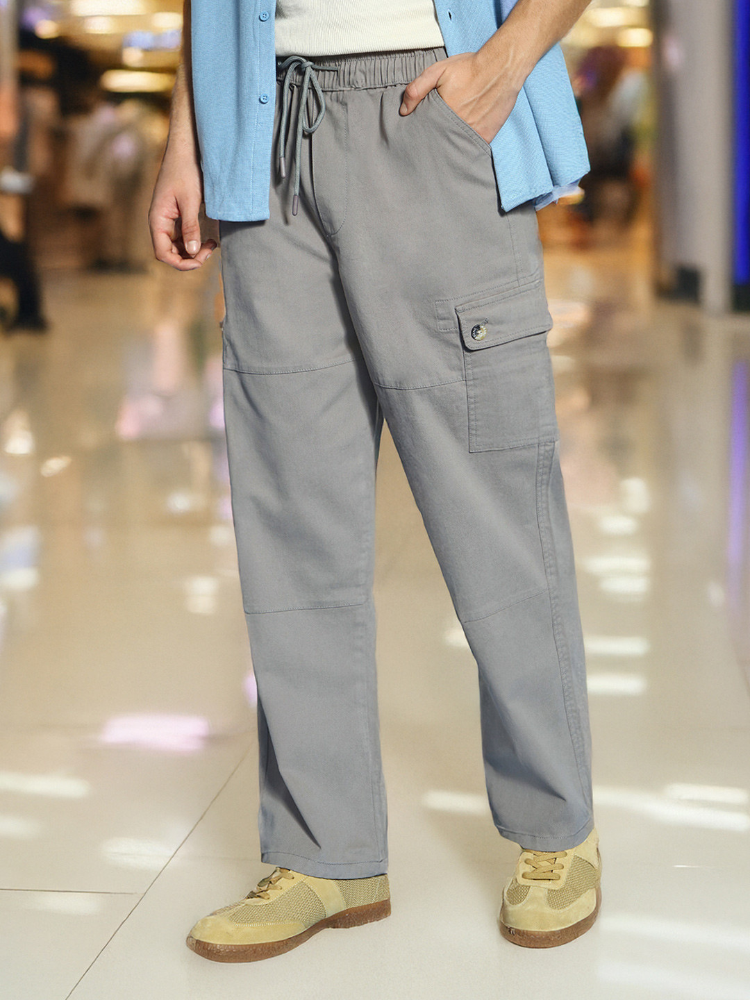 Urbano Fashion Men Grey Loose Baggy Fit Cargo Jogger Chino Pant with 6 Pockets Stretchable