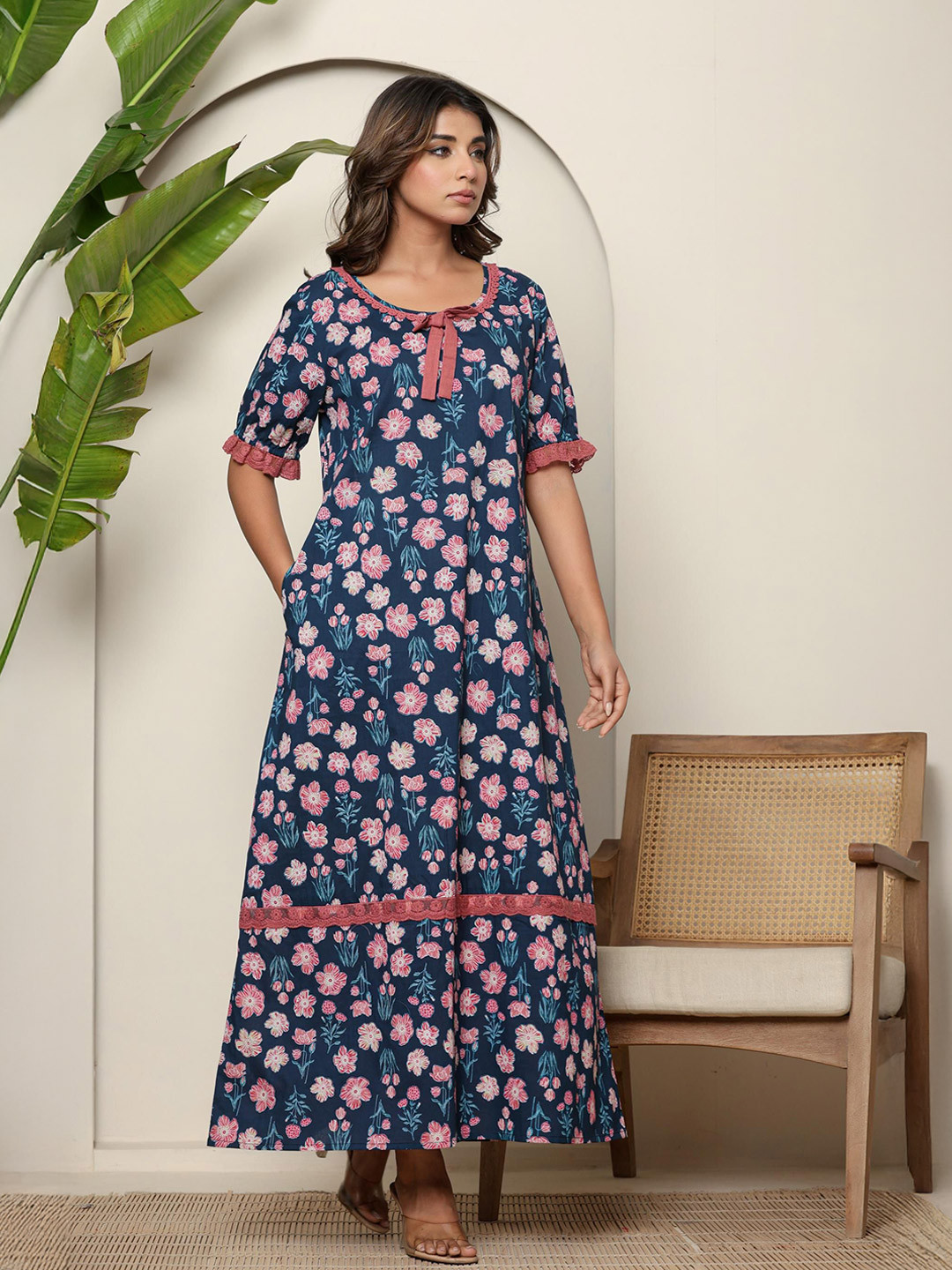 Nihsamah Women Floral Printed Round Neck Pure Cotton Maxi Nightdress
