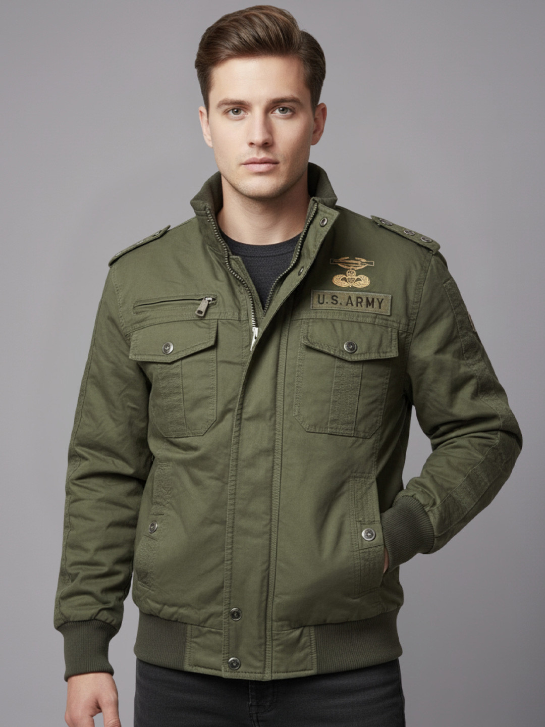 L'monte Men Solid Insulator Winter Bomber Jacket