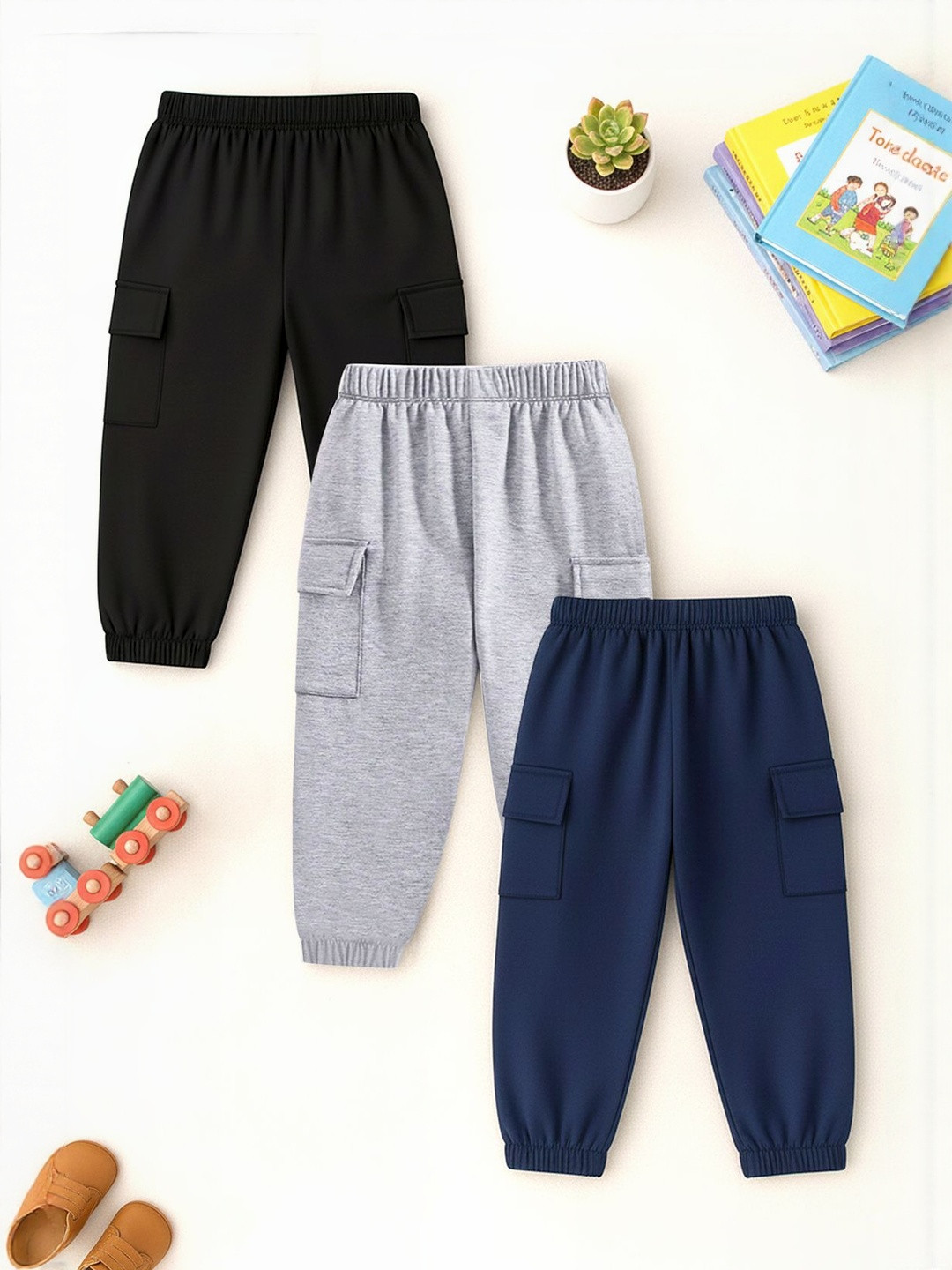 YK X Trampoline Kids Pack Of 3 Solid Mid-Rise Relaxed Fit Joggers With Elastic Waistband