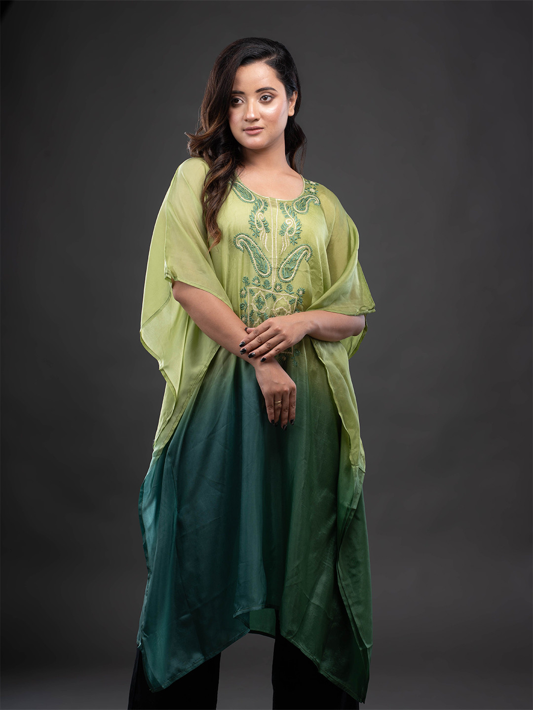 The Chikankari Raasaah Embellished Embroidered Kimono Sleeve Kaftan Dress