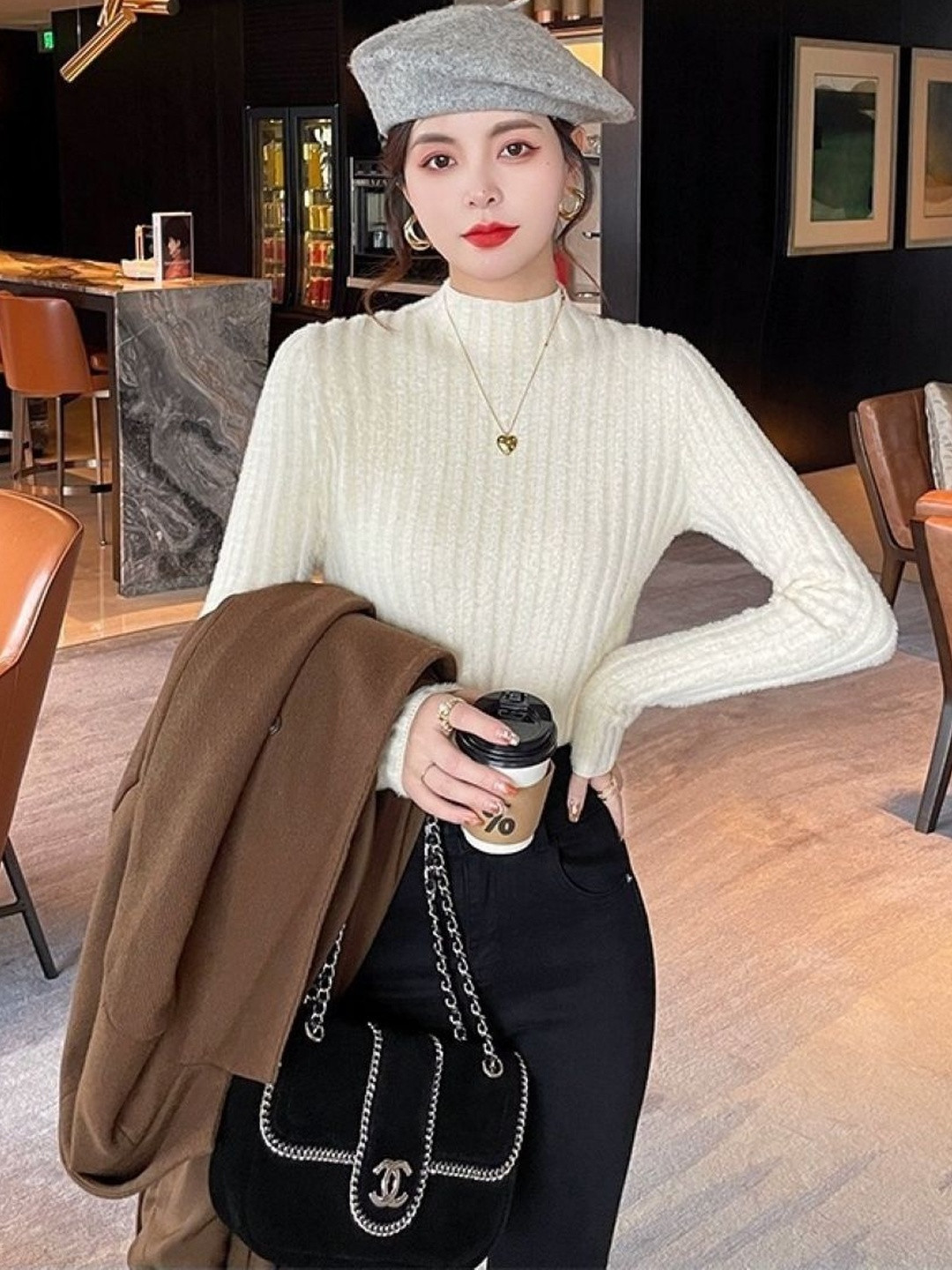 StyleCast White Ribbed High Neck Long Sleeve Casual Top