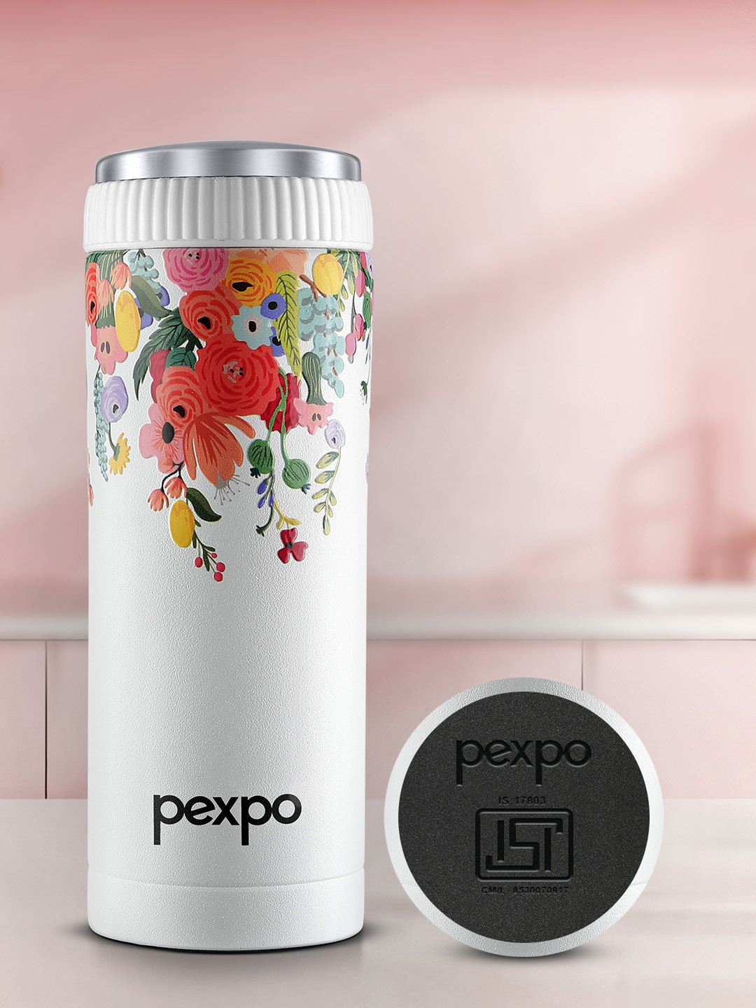 Pexpo White & Red Floral Printed Stainless Steel Double Wall Vacuum Water Bottle 500ML