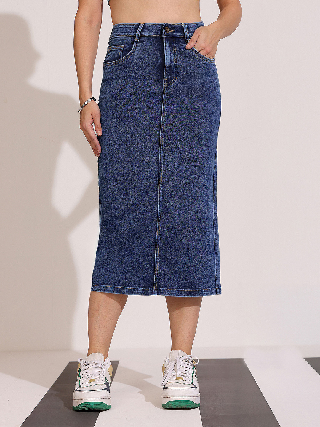 DOLCE CRUDO Women's High-Rise Stretchable Denim Midi Skirt with Back Slit