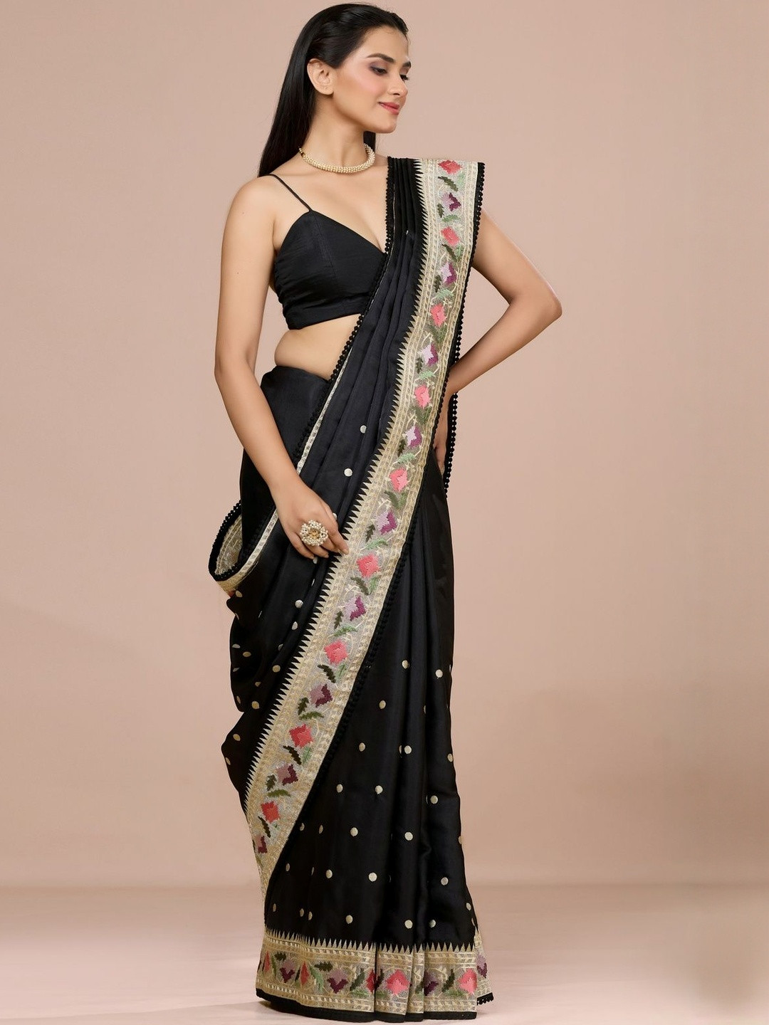 Aparnaa Women Black Tussar Saree with Polka Dots & Floral Border