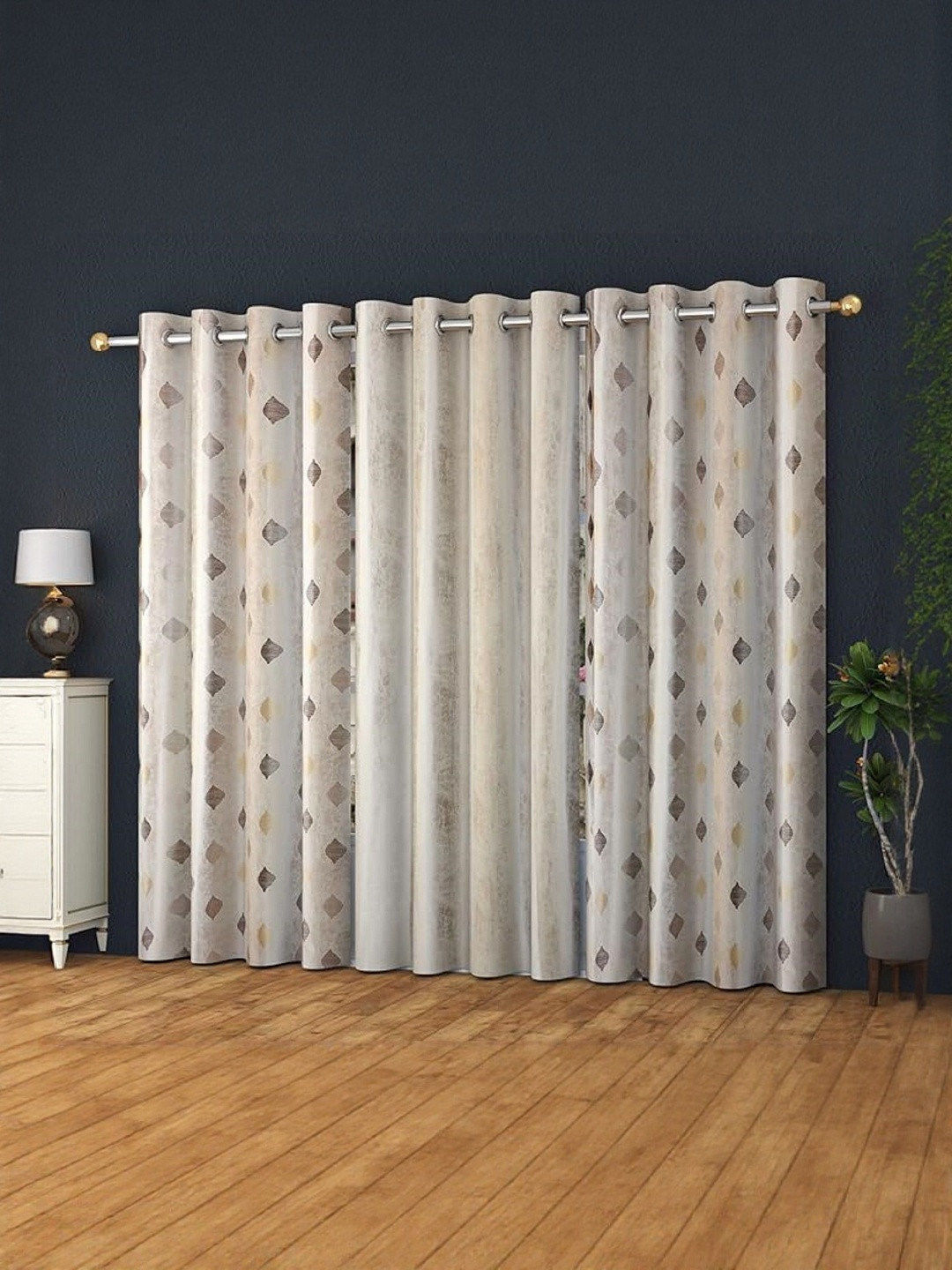 LUZDECOR Gold Toned Geometric Printed 3 Pieces Window Room Darkening Eyelet Curtains