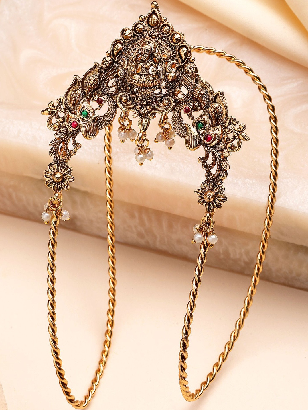 KARATCART Women Gold-Plated Studded & Pearls Beaded Goddess Lakshmi Motif Armlet Bracelet