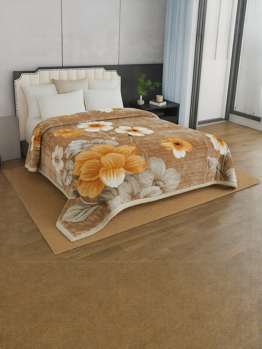 Signature Corbett Beige Floral Mink Reversible 500 GSM Mild Winter Blanket