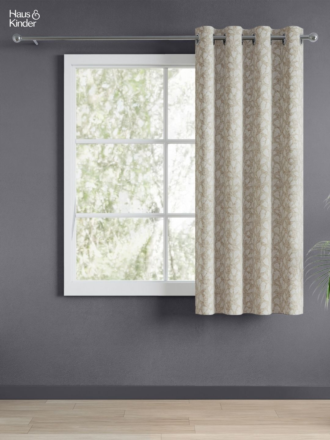 haus & kinder Brown & White Leaf Printed Room Darkening Jacquard Window Curtain