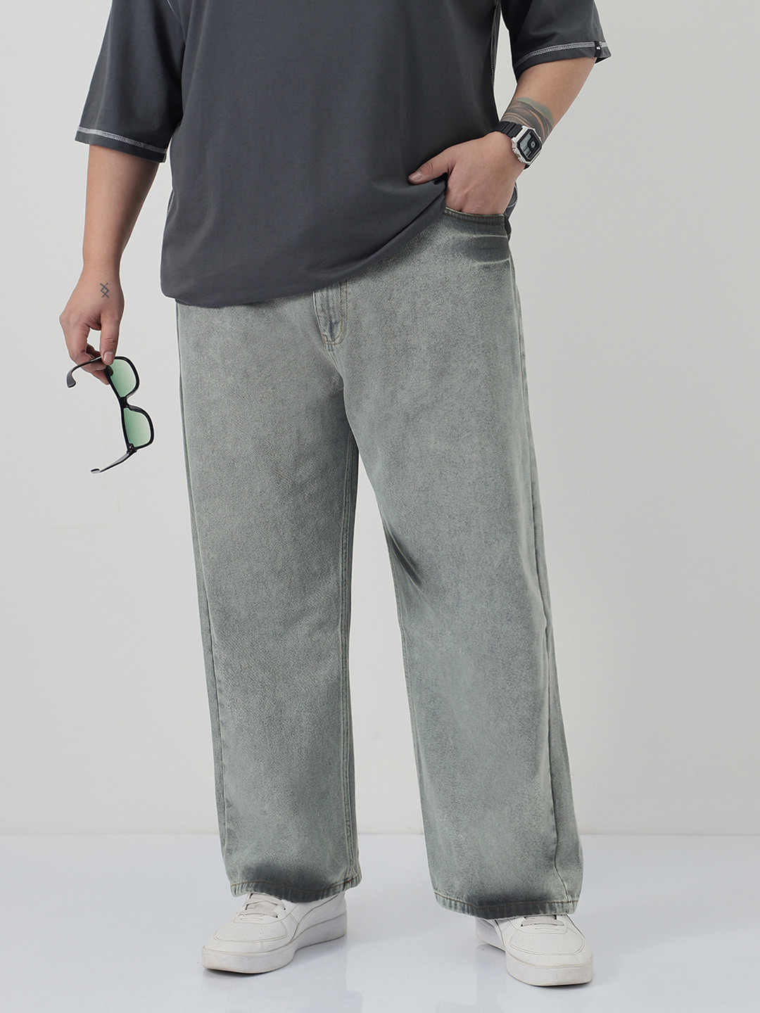 Urbano Plus Men's Plus Size Ice Grey Loose Baggy Fit Washed Jeans Non-Stretchable