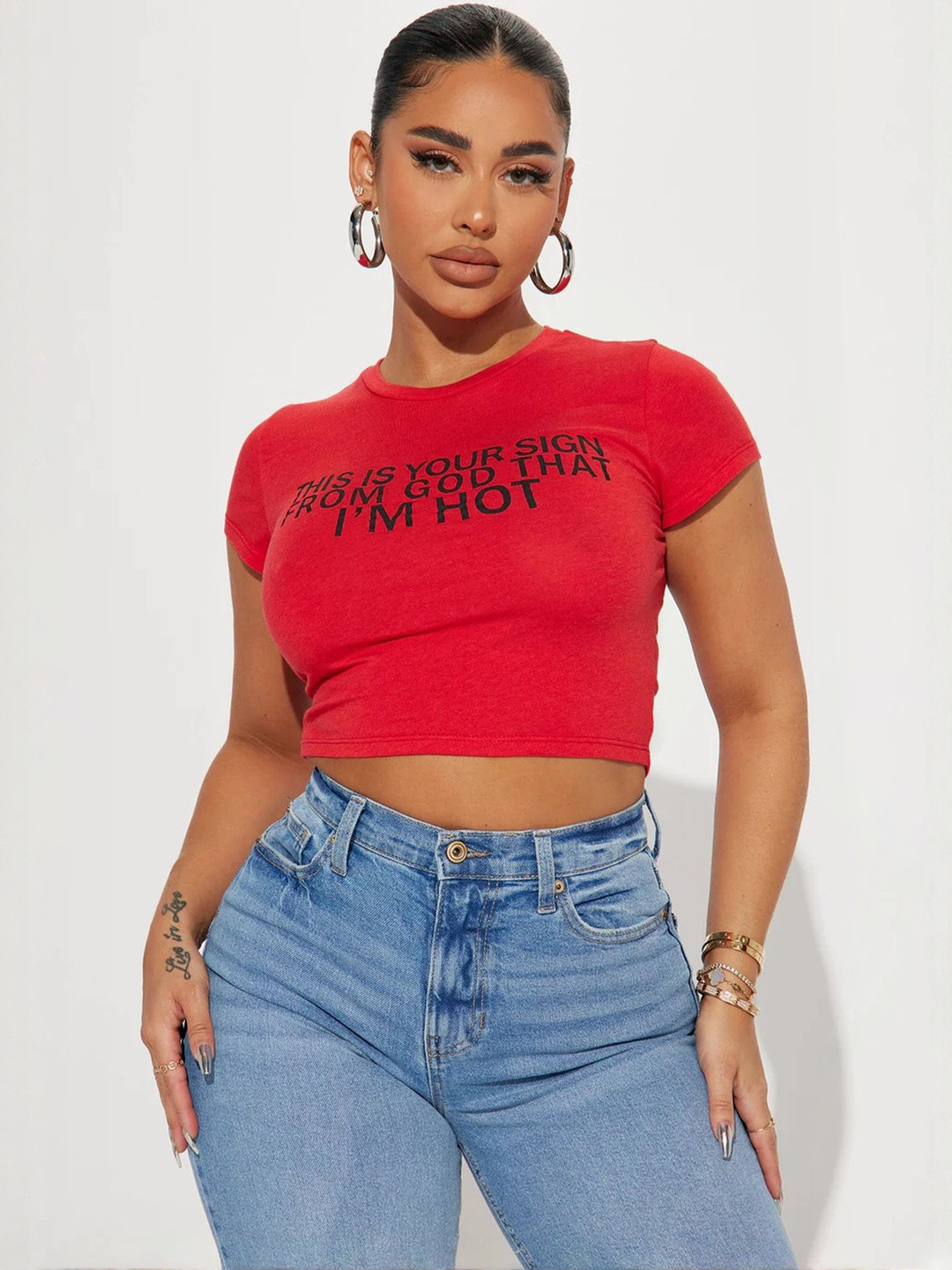 LULU & SKY Red Typographic Mock Neck Crop Top