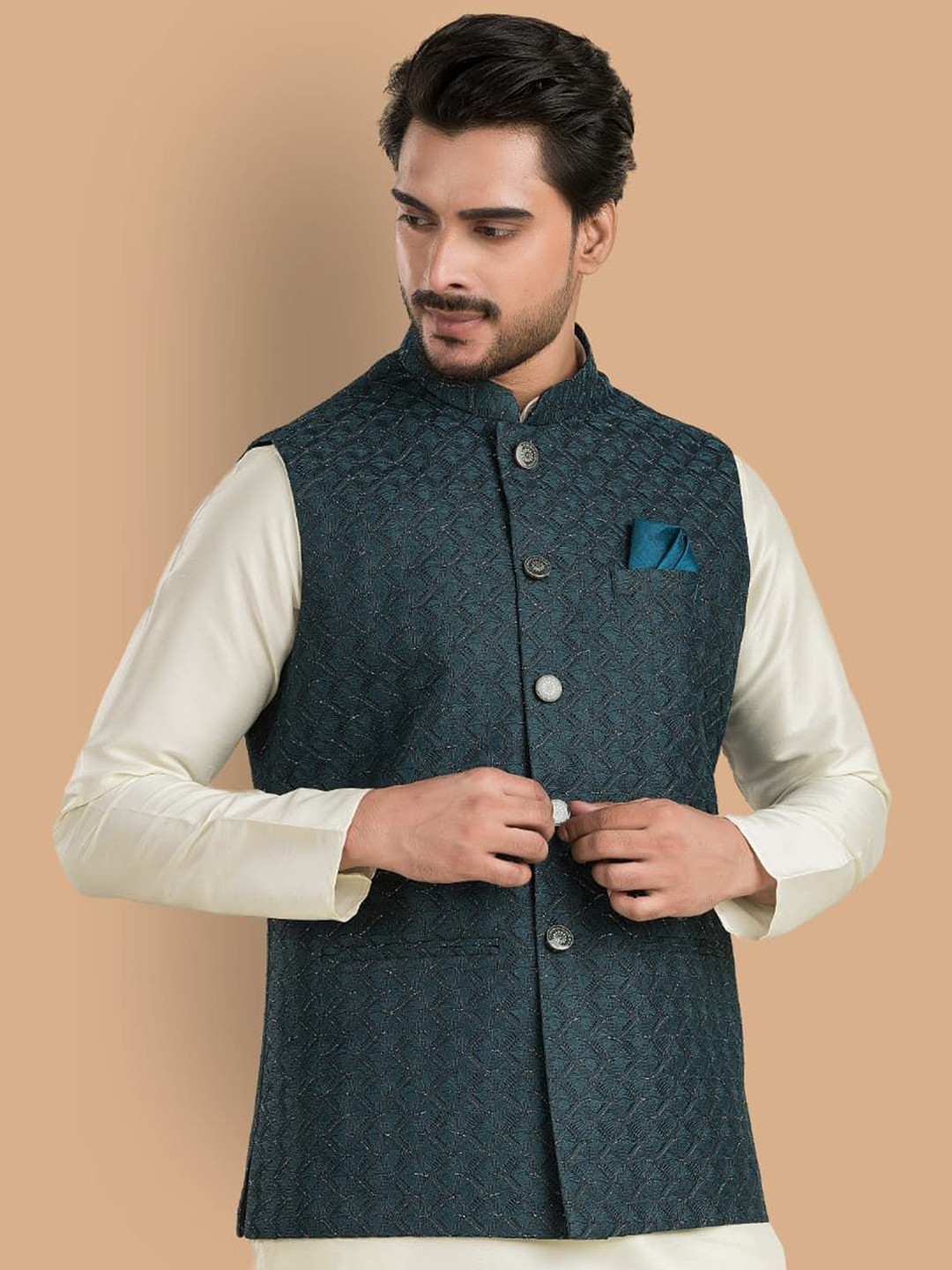 TRENDS OF ETHNIC Men Self Design Mandarin Collar Nehru Jacket